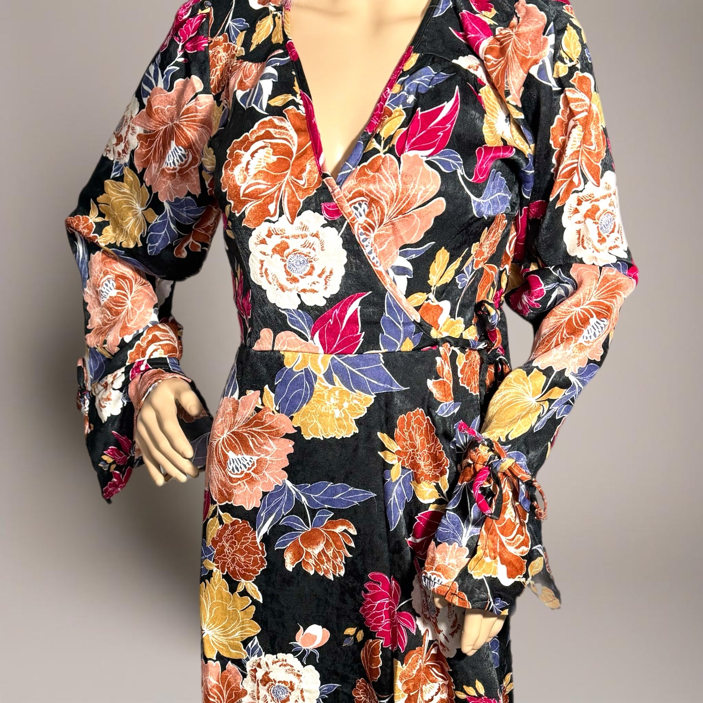 BAND OF THE FREE Black Floral Hi-Lo Wrap Maxi Dress Long Sleeve