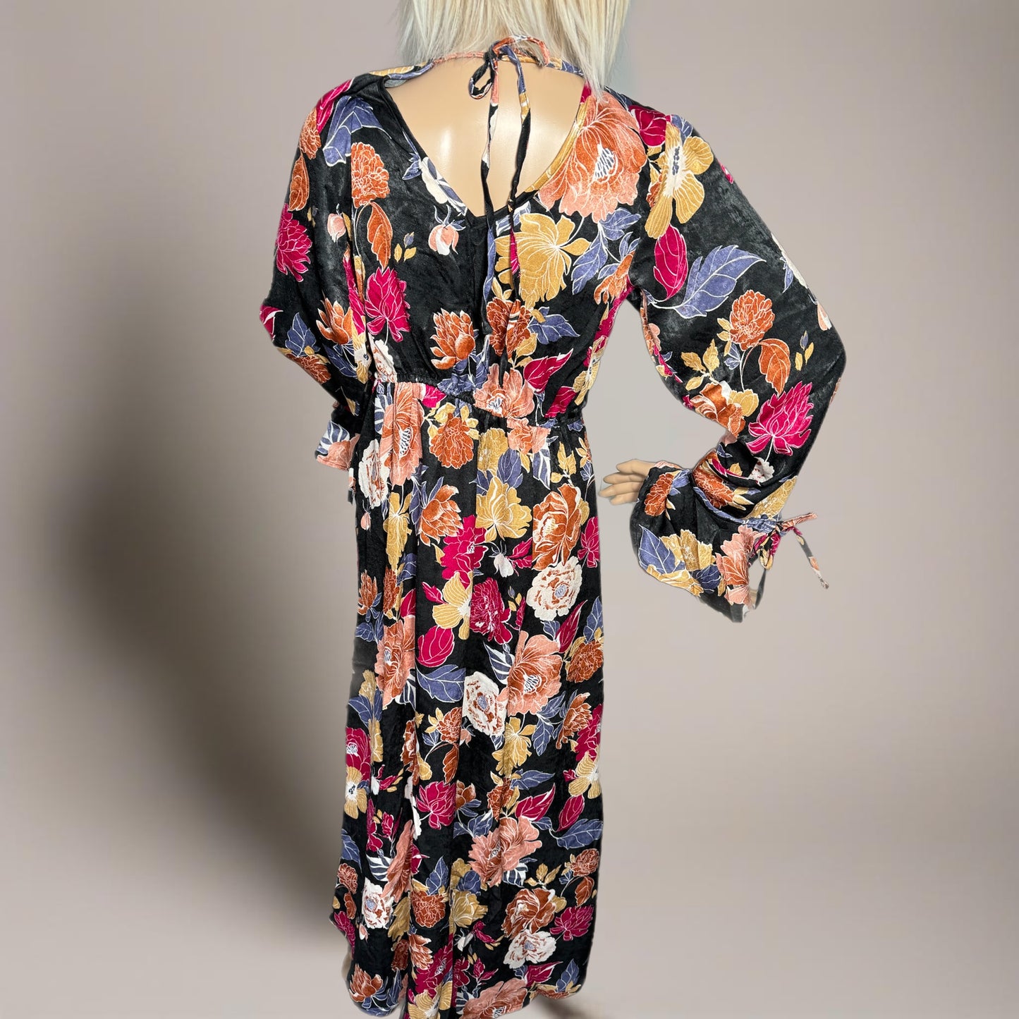 BAND OF THE FREE Black Floral Hi-Lo Wrap Maxi Dress Long Sleeve