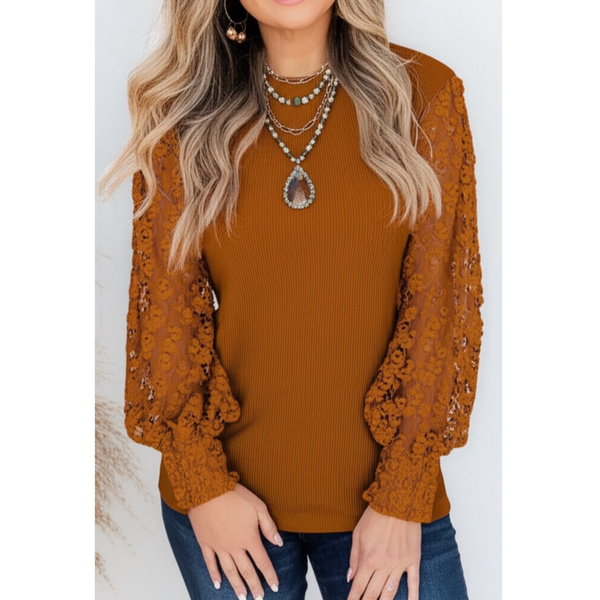 SOUTHERN GRACE Miss Perfect Rust Floral Lace Long Sleeve Blouse