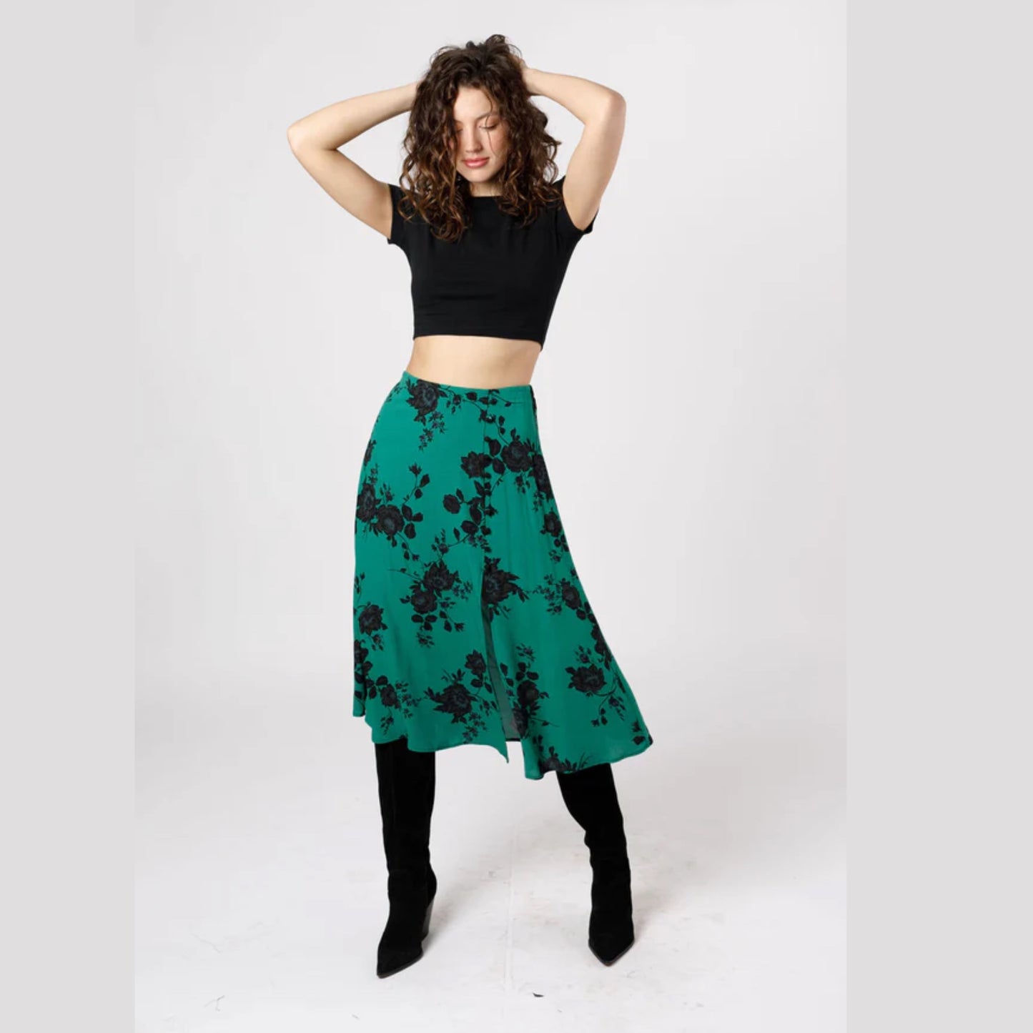 BAND OF THE FREE Etta Emerald Floral Midi Skirt Green Black Front Slit