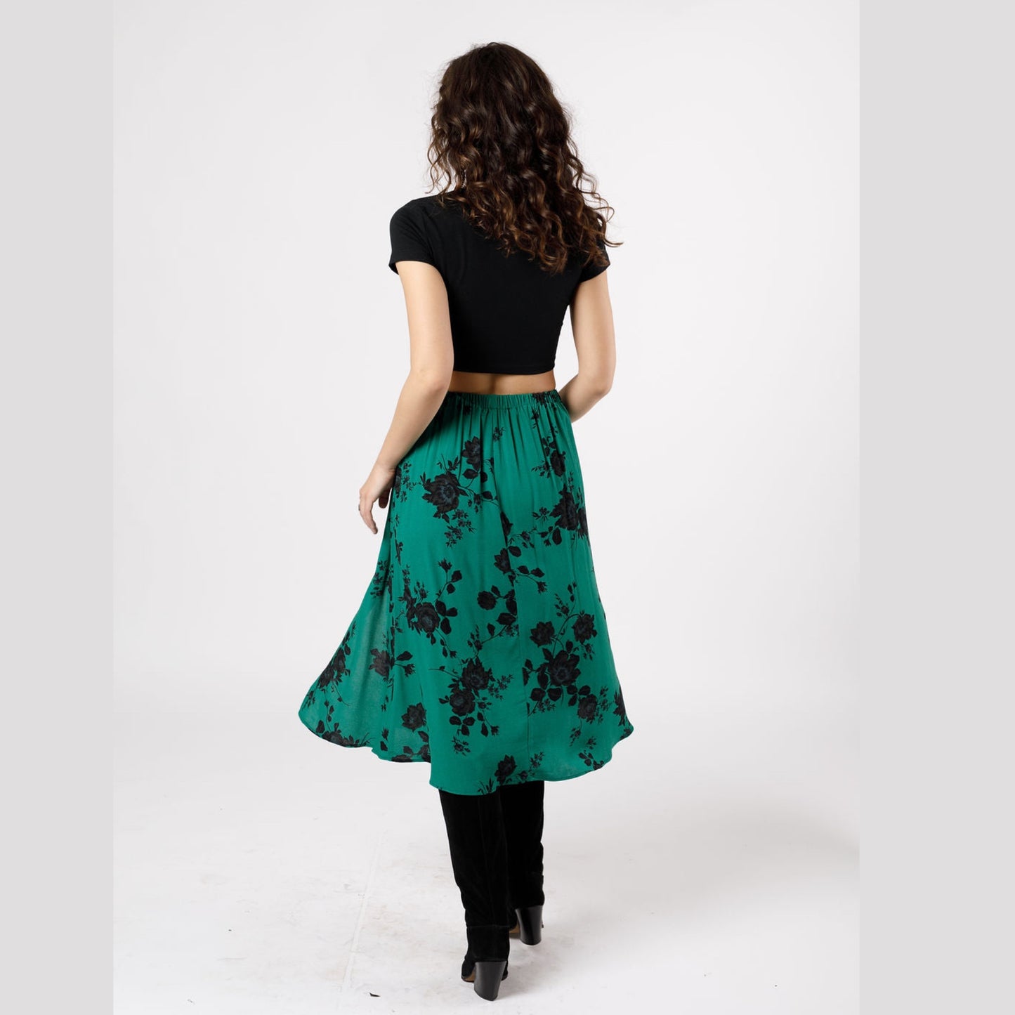 BAND OF THE FREE Etta Emerald Floral Midi Skirt Green Black Front Slit
