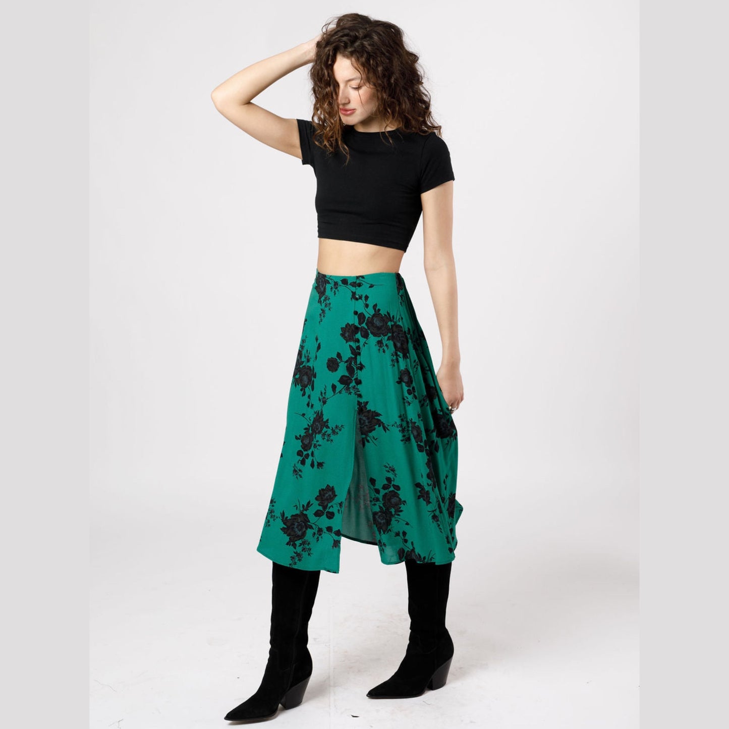 BAND OF THE FREE Etta Emerald Floral Midi Skirt Green Black Front Slit