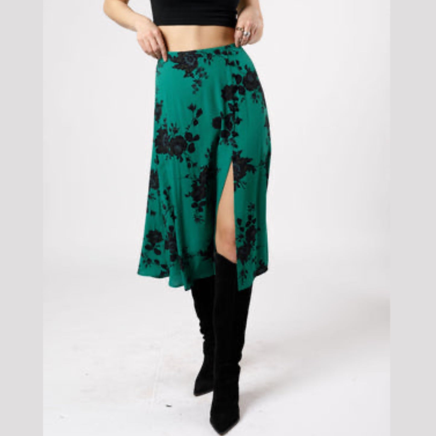 BAND OF THE FREE Etta Emerald Floral Midi Skirt Green Black Front Slit