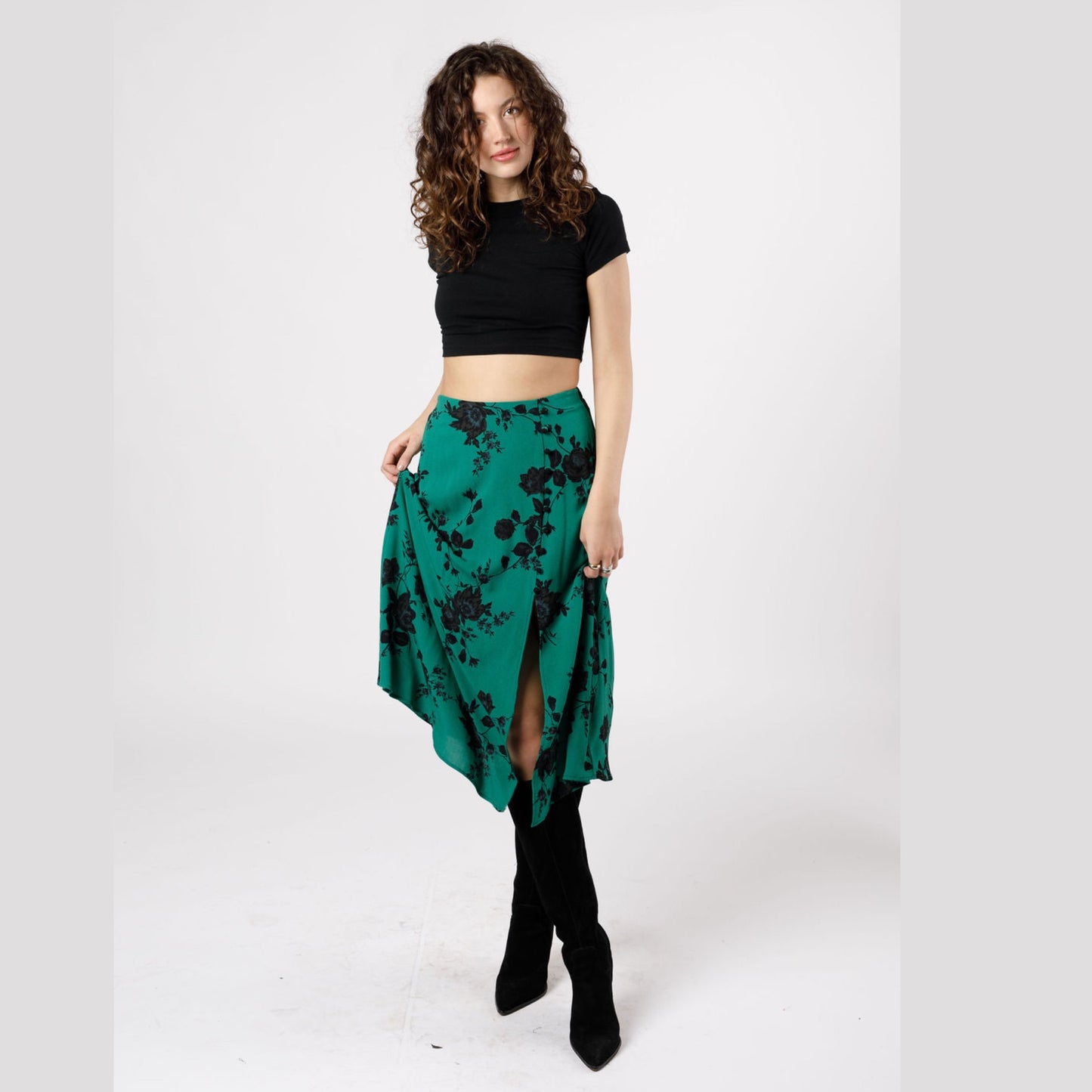 BAND OF THE FREE Etta Emerald Floral Midi Skirt Green Black Front Slit