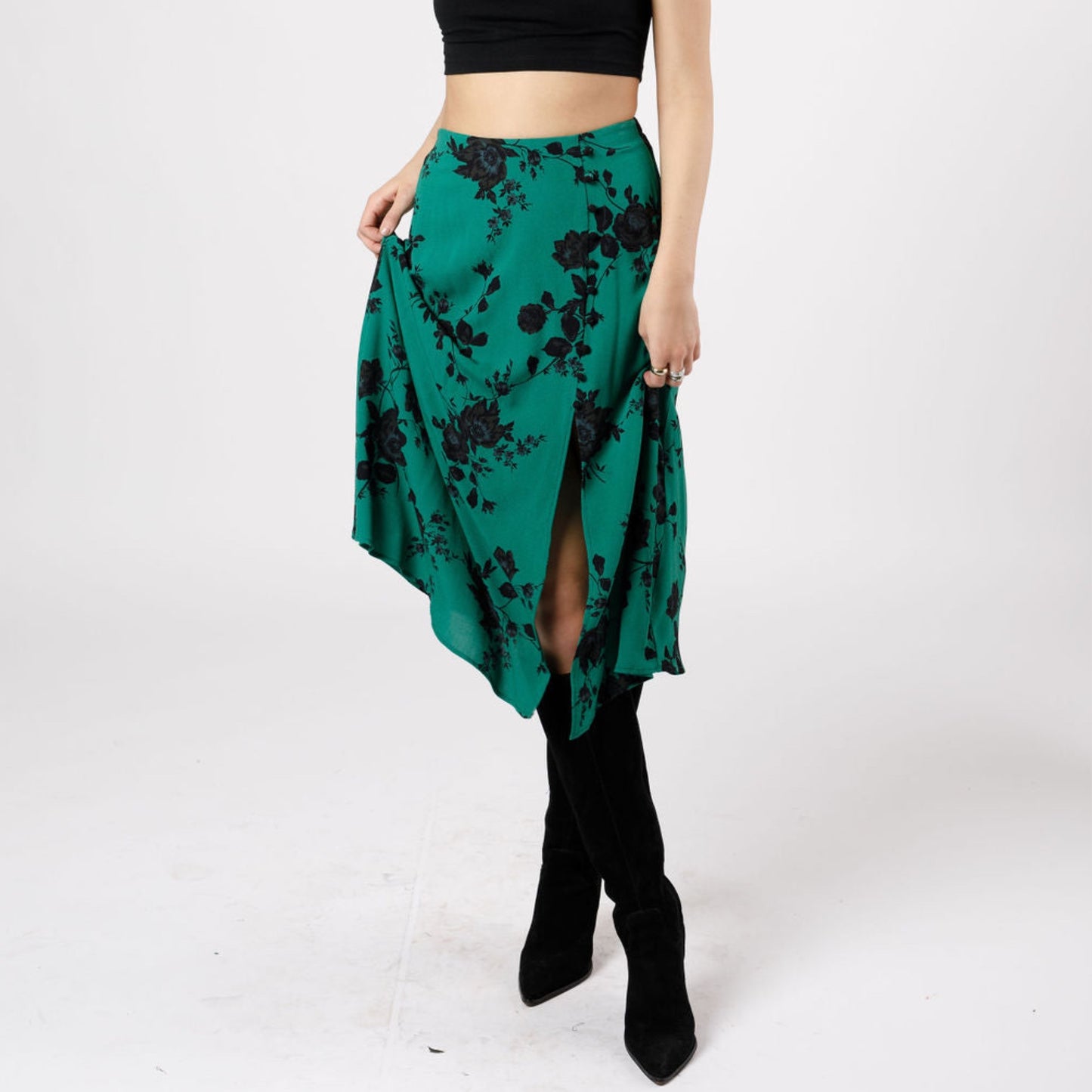 BAND OF THE FREE Etta Emerald Floral Midi Skirt Green Black Front Slit