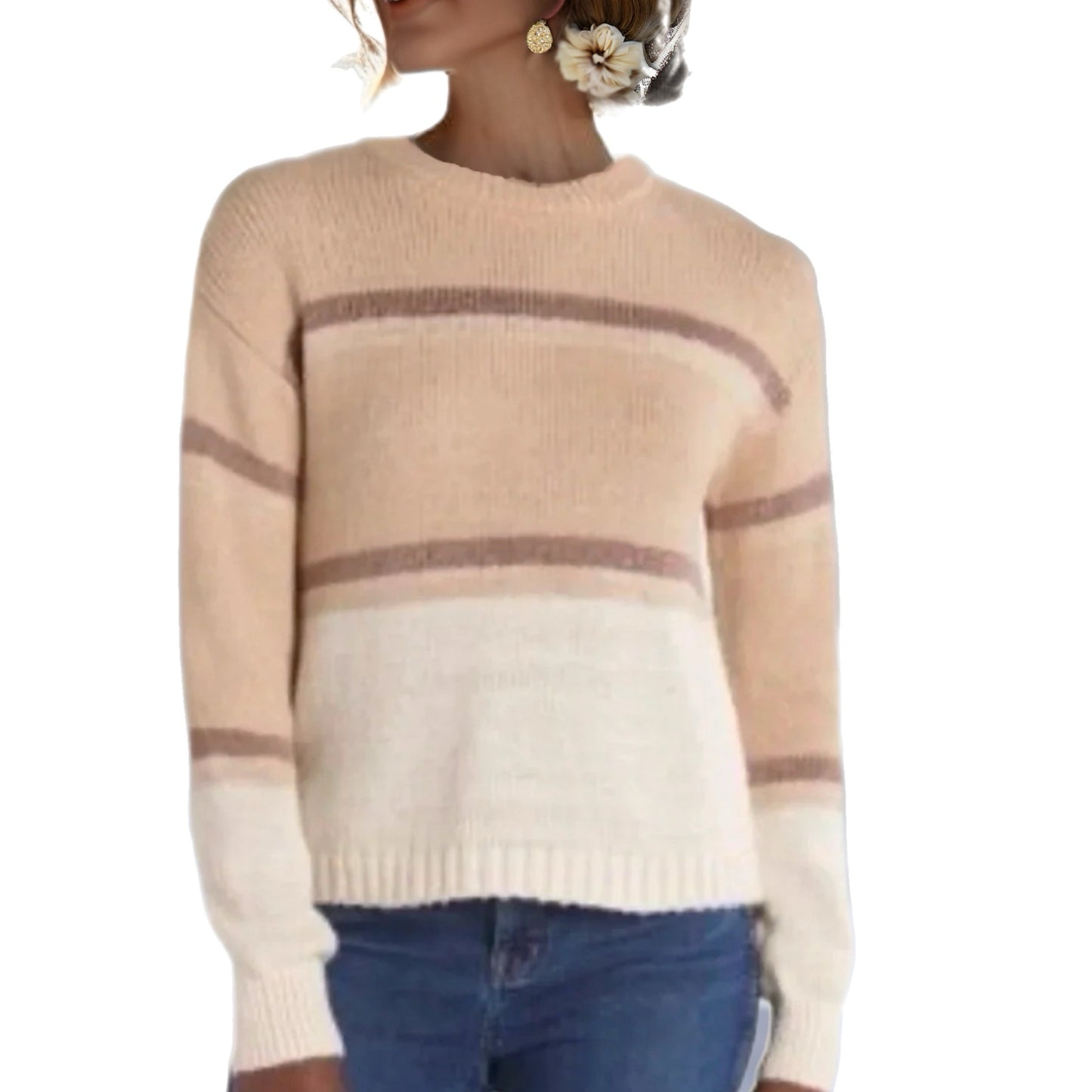 LOVE ELLIE Metallic Stripe Crew Neck Sweater in Beige and Cream