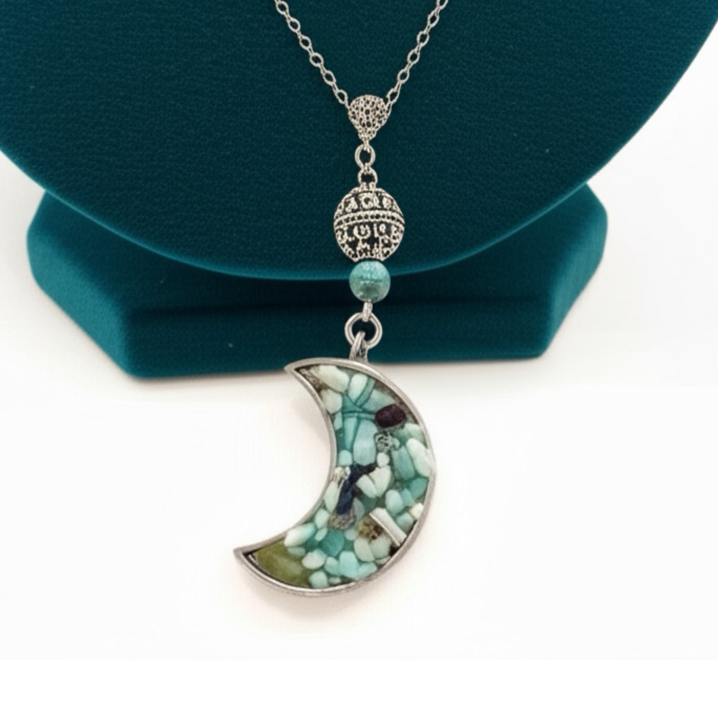 Green Aventurine Gemstone Chip in Resin Moon Necklace