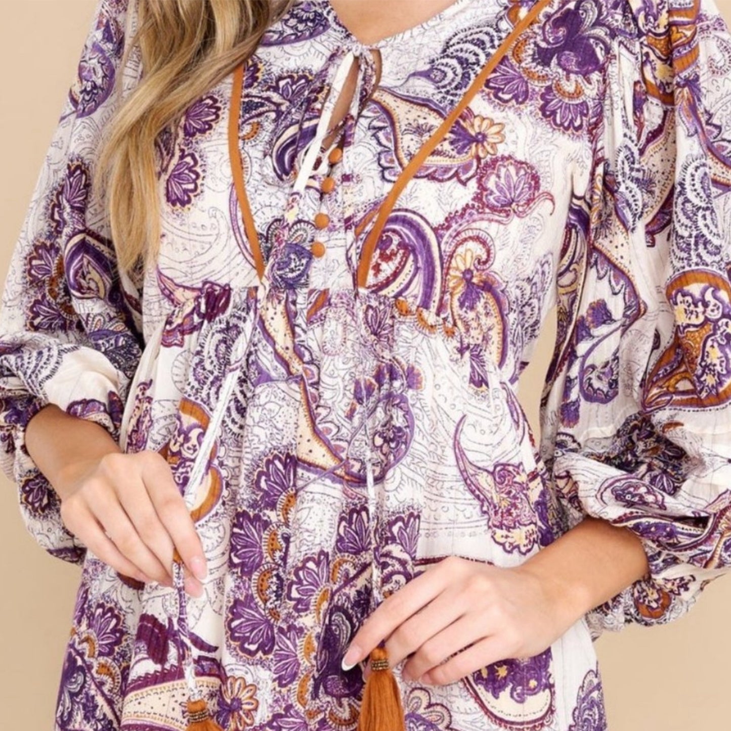 BAND OF THE FREE Purple Paisley Long Sleeve Mini Dress Boho Aesthetic