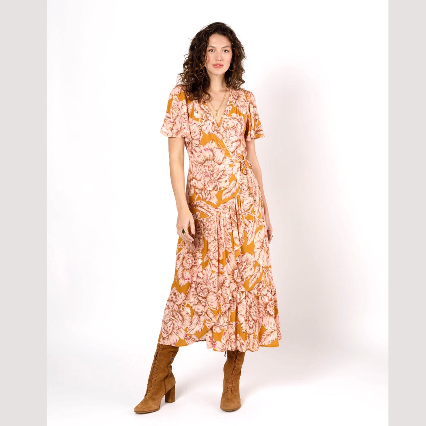 Band Of The Free BOG Collective Heather Gold Floral Wrap Maxi Dress