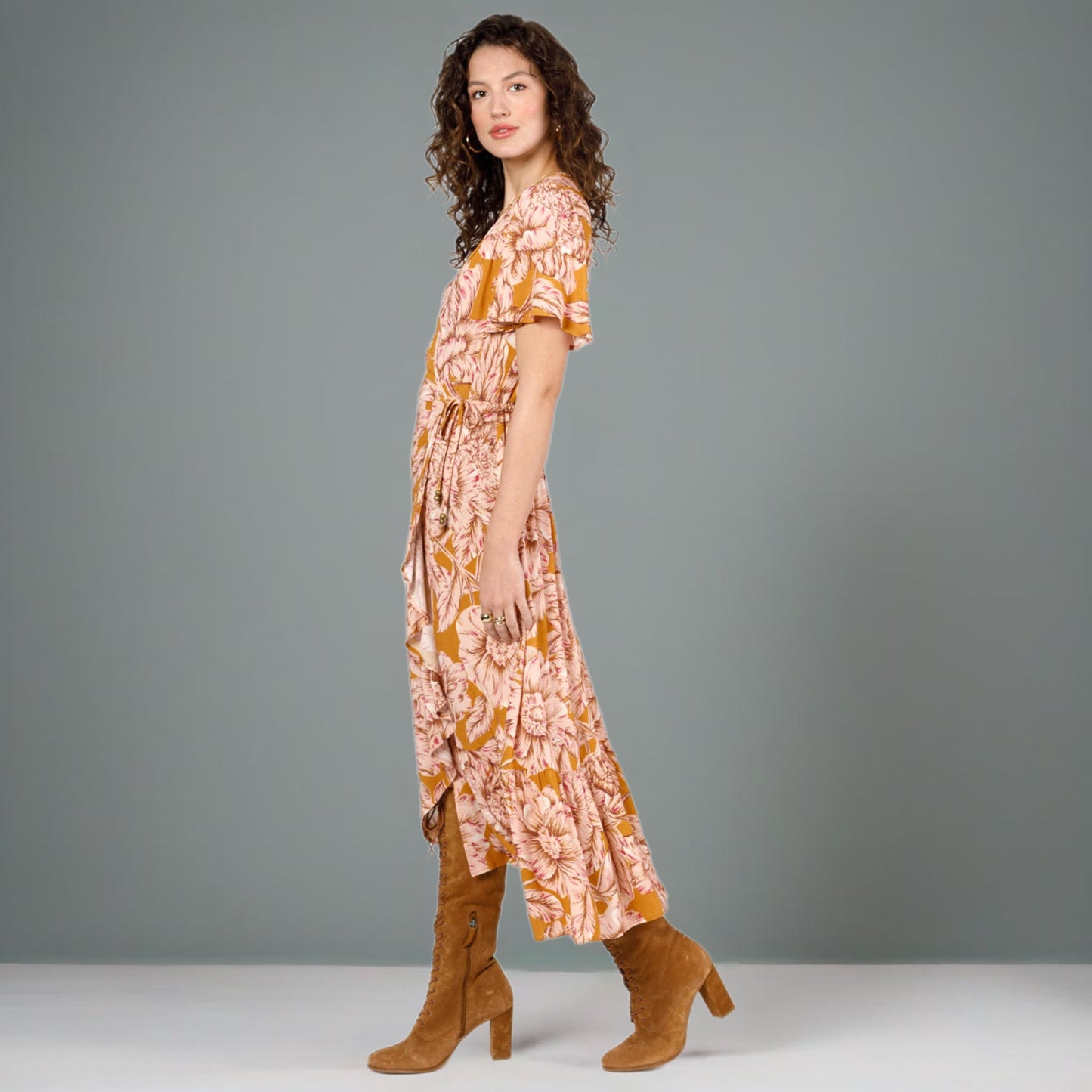 Band Of The Free BOG Collective Heather Gold Floral Wrap Maxi Dress