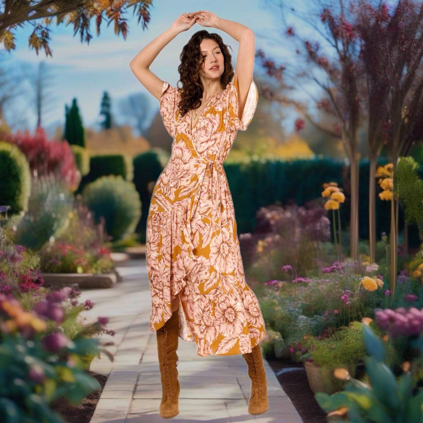 Band Of The Free BOG Collective Heather Gold Floral Wrap Maxi Dress