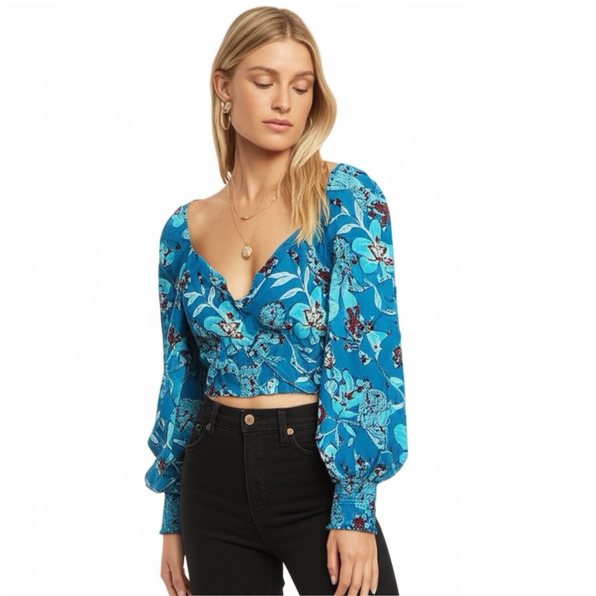 BAND OF THE FREE Sybille Teal Boho Floral Long Sleeve Crop Blouse