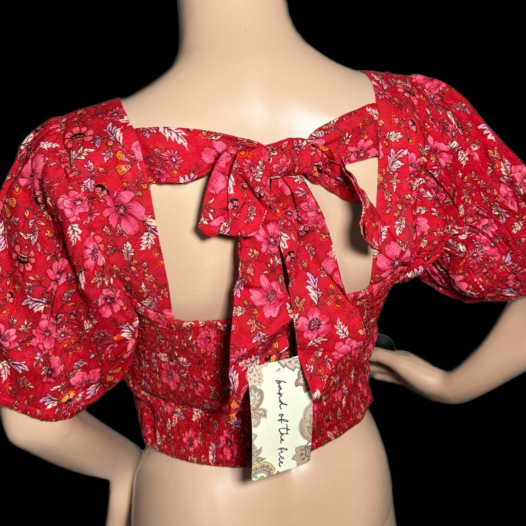 B.O.G. Collective Band Of The Free Boho Red Floral Blouse Smocked Cropped