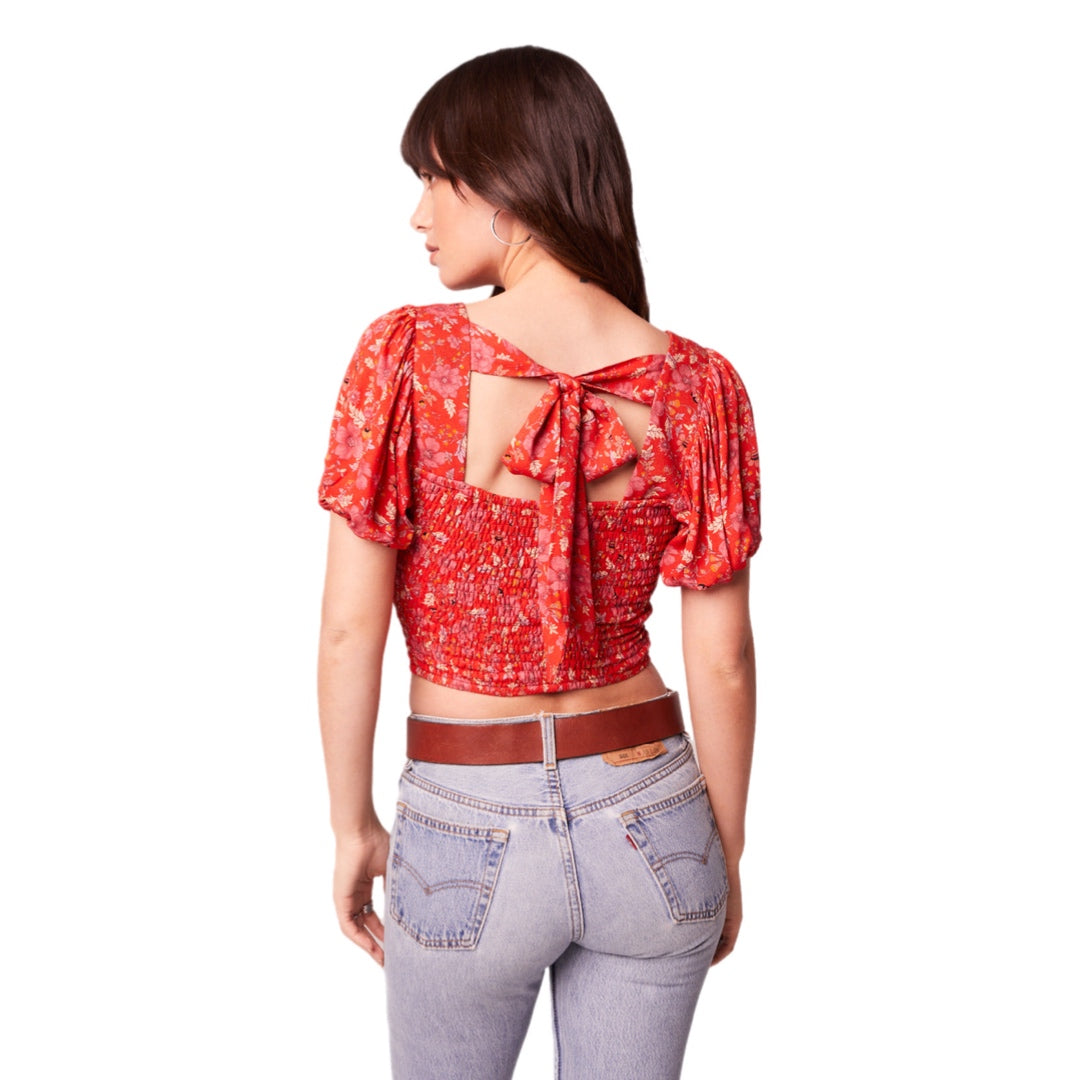 B.O.G. Collective Band Of The Free Boho Red Floral Blouse Smocked Cropped