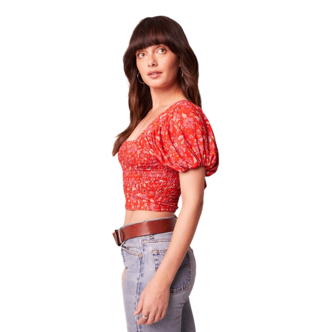 B.O.G. Collective Band Of The Free Boho Red Floral Blouse Smocked Cropped