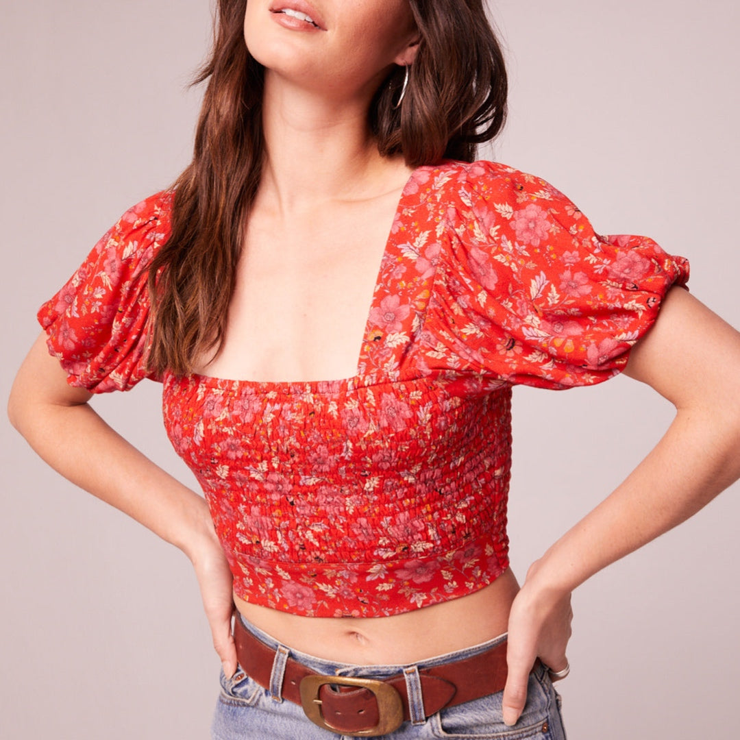 B.O.G. Collective Band Of The Free Boho Red Floral Blouse Smocked Cropped