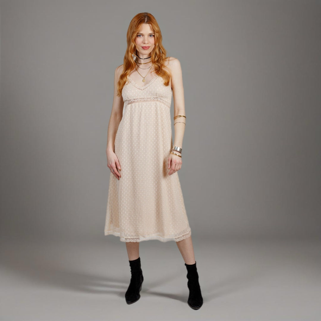 BAND OF THE FREE Amalie Ivory Midi Dress Sleeveless Lace Boho Cottage