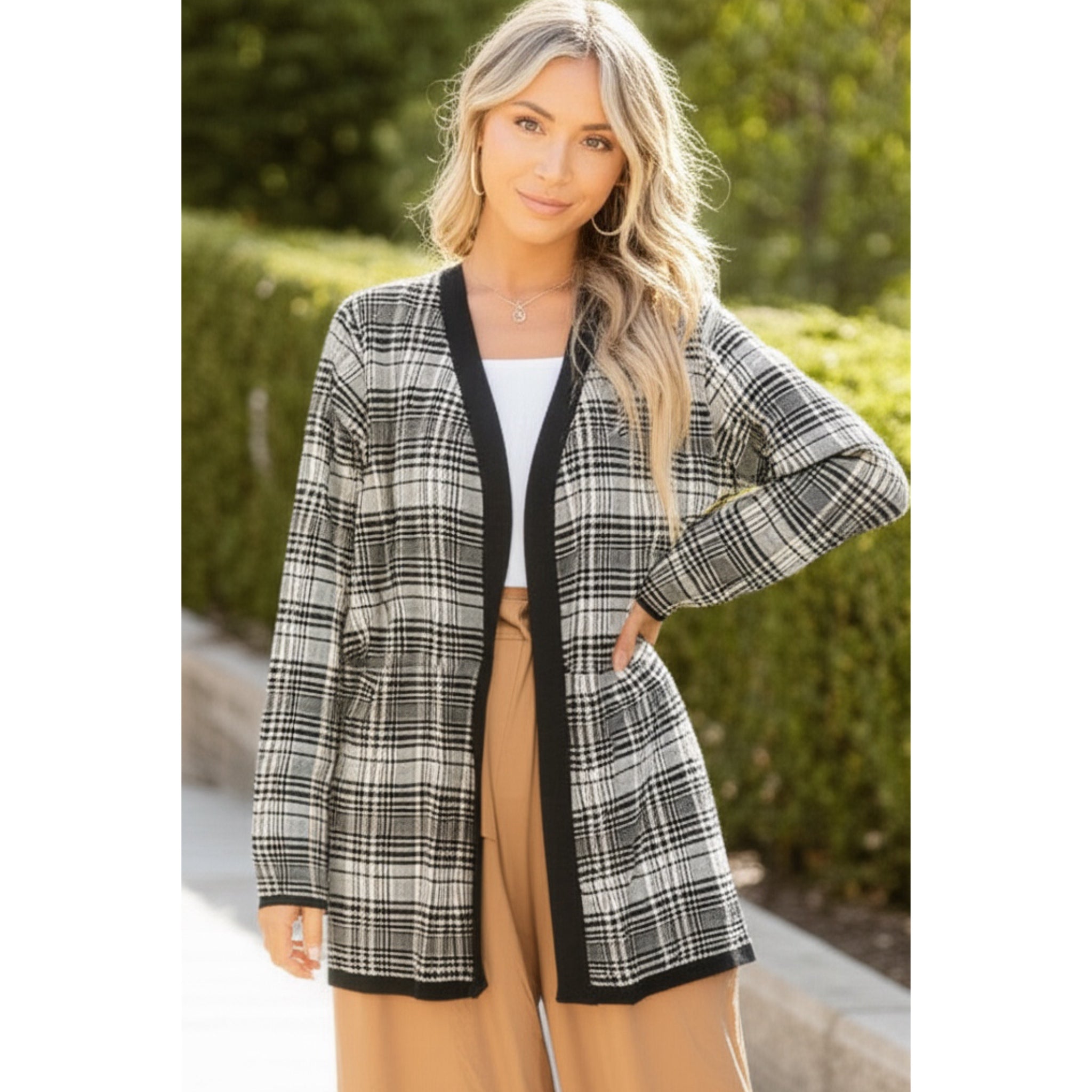 LETY & ME Preppy Plaid Open Plaid Cardigan Heavy Knit Sweater