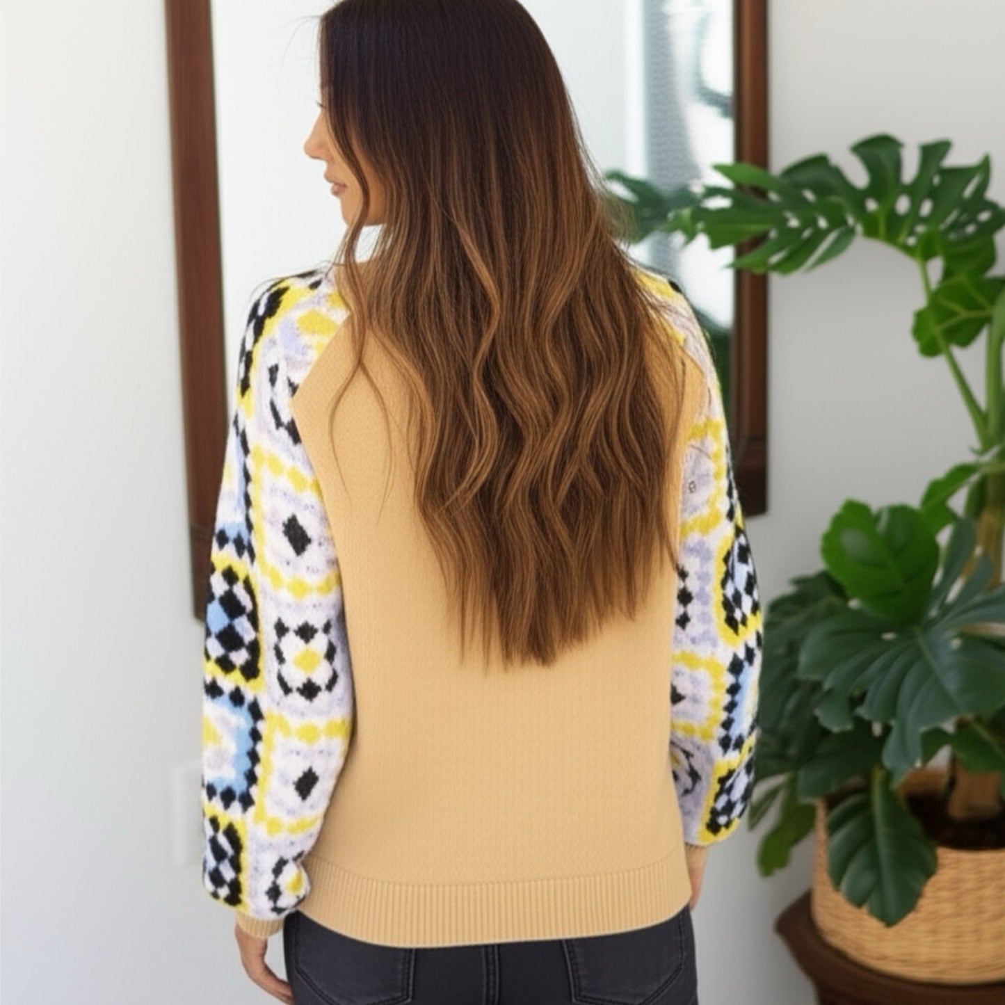 SOUTHERN GRACE Enchanting Crochet Sleeve Yellow Sweater