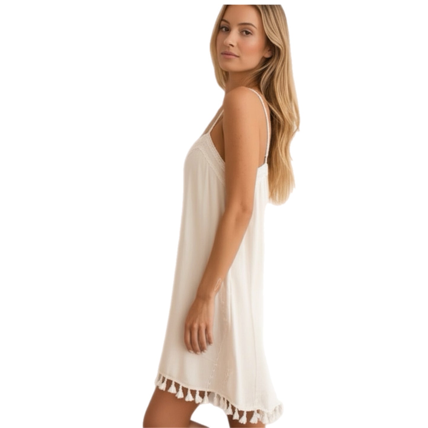 Jodifl Creamy Blush Strappy Boho Tassel Beaded Mini Dress