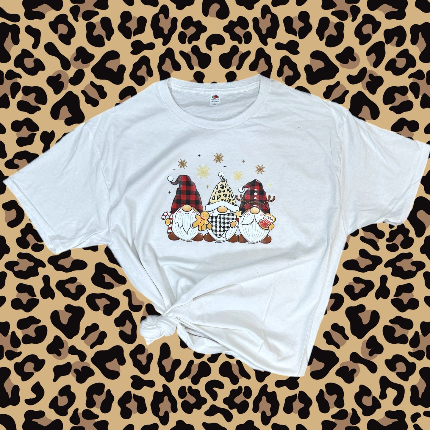 Christmas Holiday Gnomes Plaid Leopard Print Women’s Graphic Cotton T Shirt