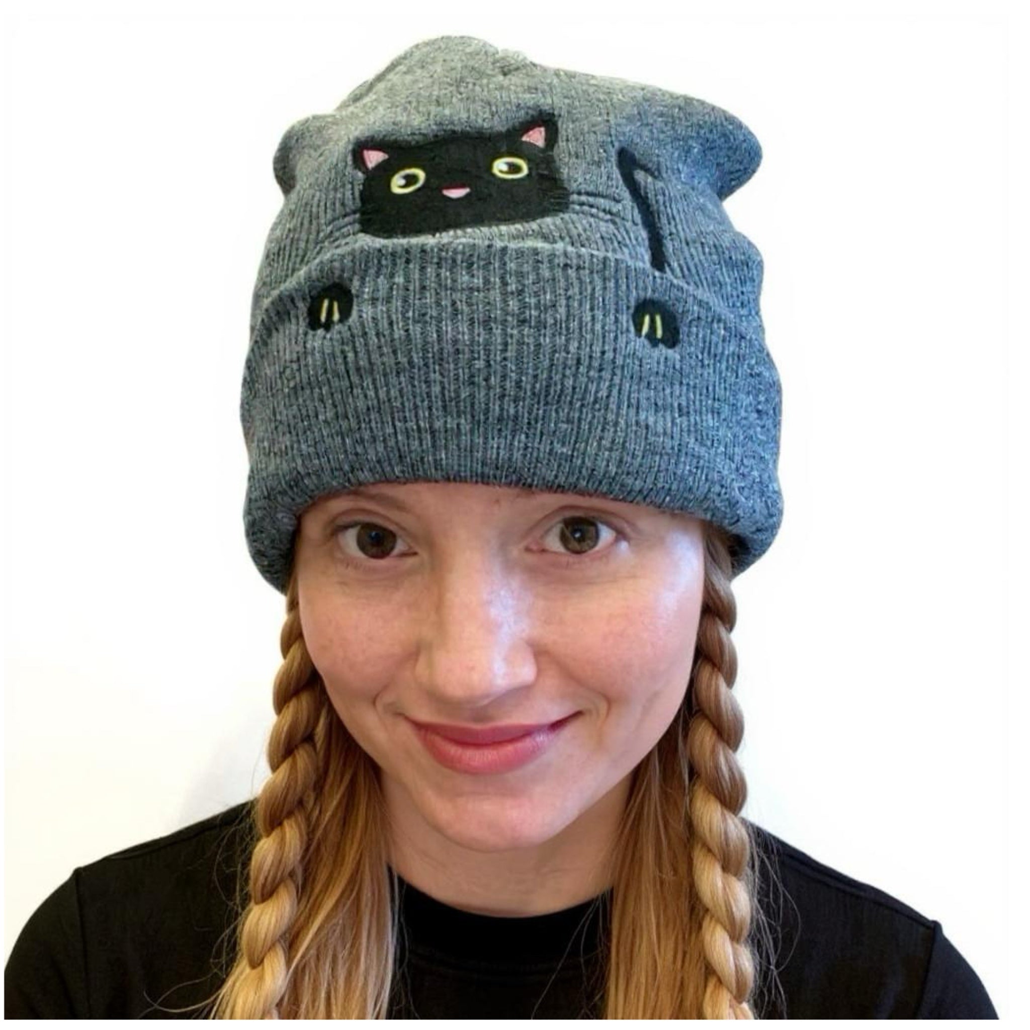 Winter Cat Lover Beanie Slate Gray Knit Ribbed Stretchy