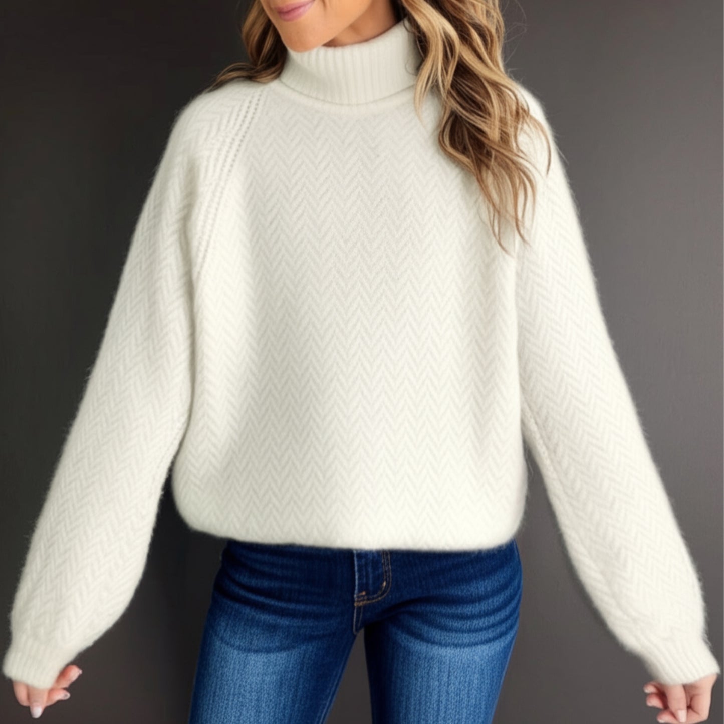 Love Ellie Long Sleeve Cream Turtleneck Knit Sweater Trendy Fit