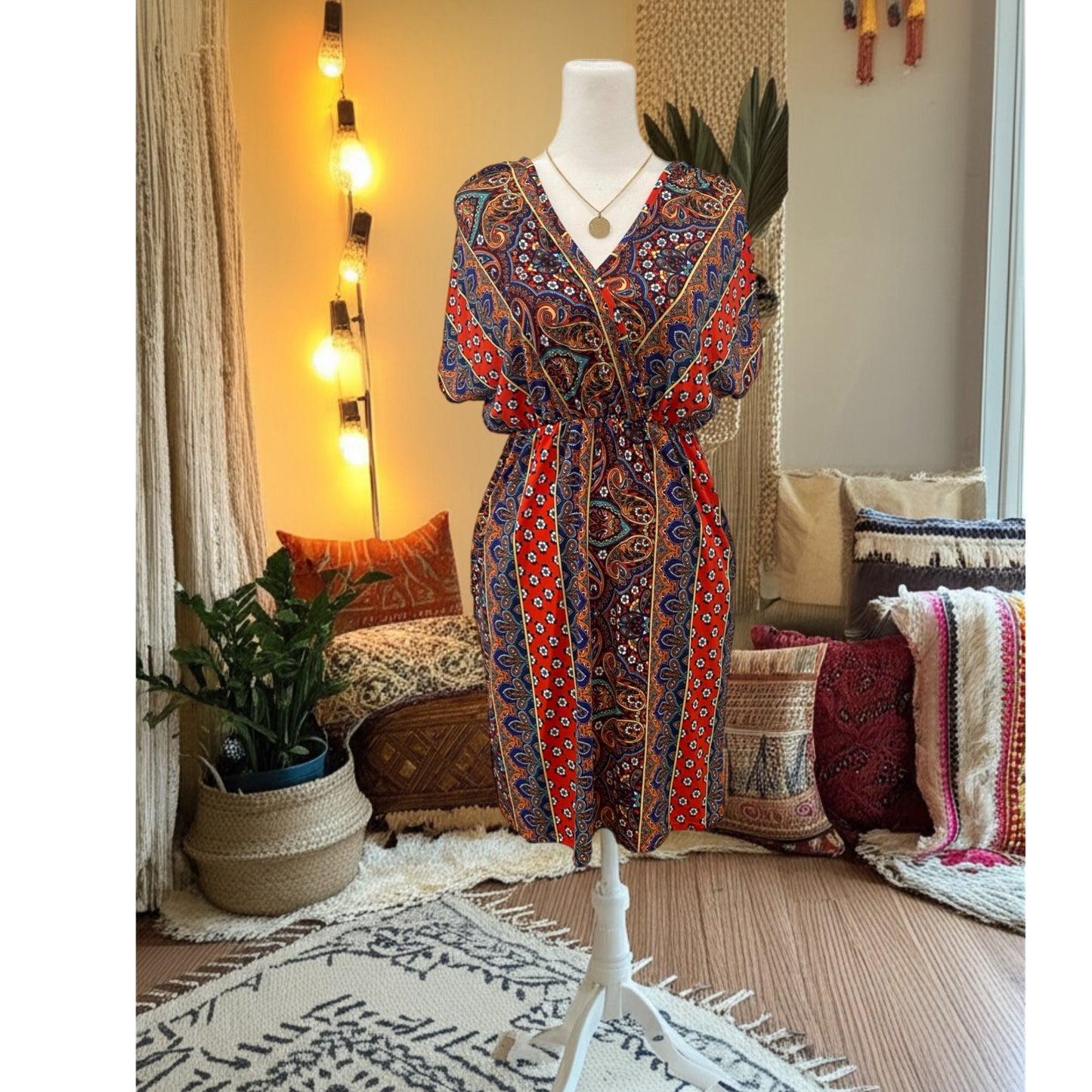 HAPTICS By HOLLY HARPER Sunset Orange Boho Paisley V Neck Dress S, M, L