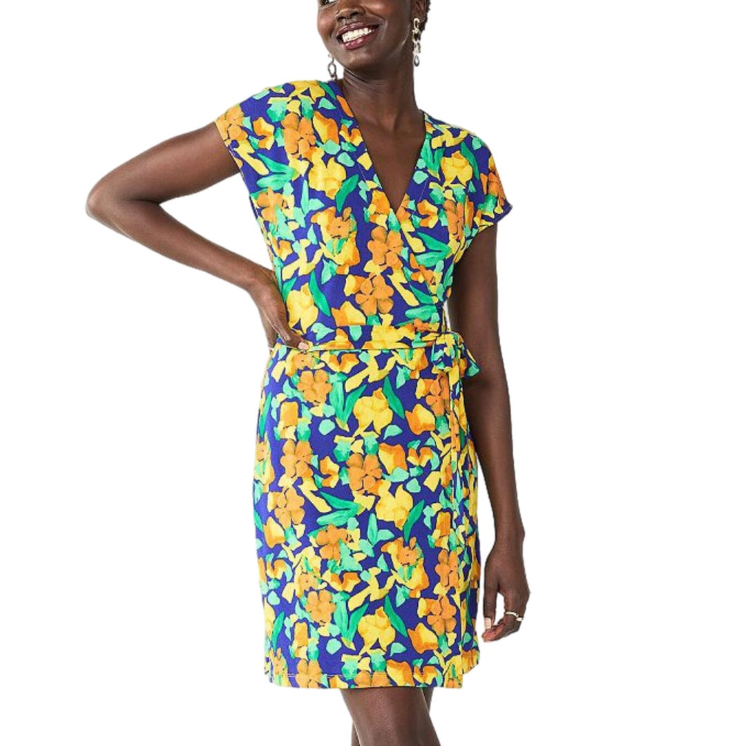 NINE WEST Wrap Dress Artful Abstract Floral Print Short Sleeve