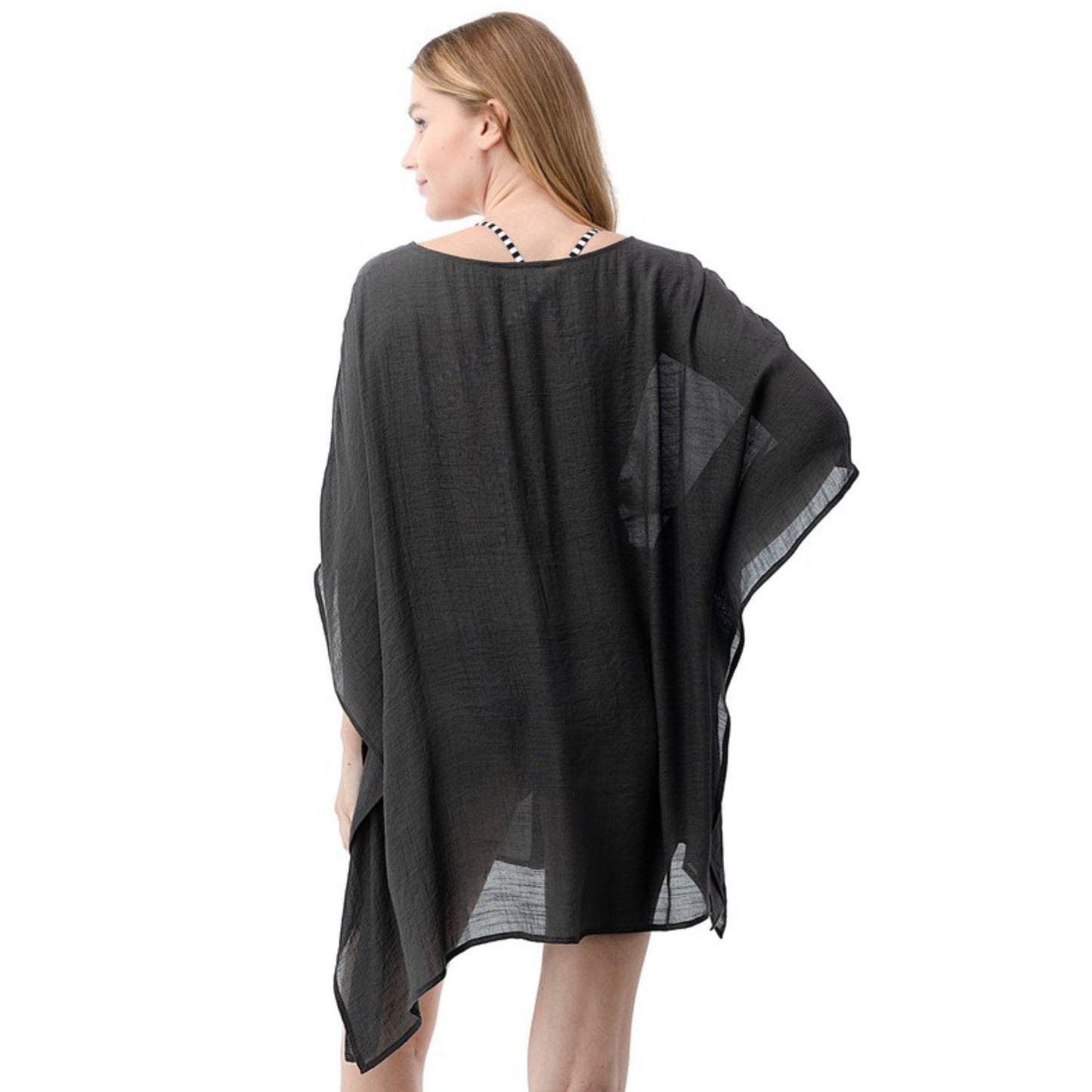Beach Day Swim Suit Cover Up Lightweight Woven Tie Waist Charcoal Black