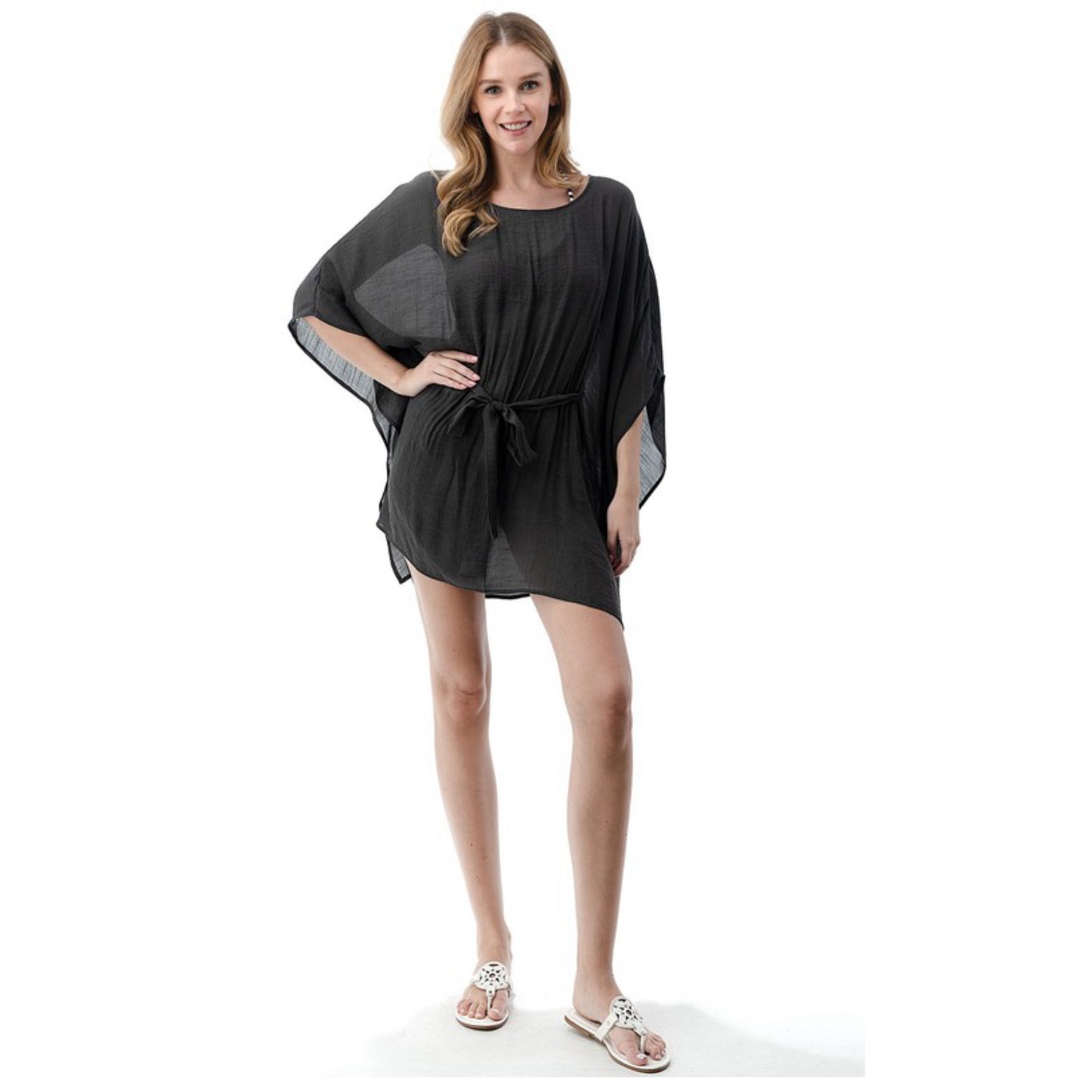 Beach Day Swim Suit Cover Up Lightweight Woven Tie Waist Charcoal Black