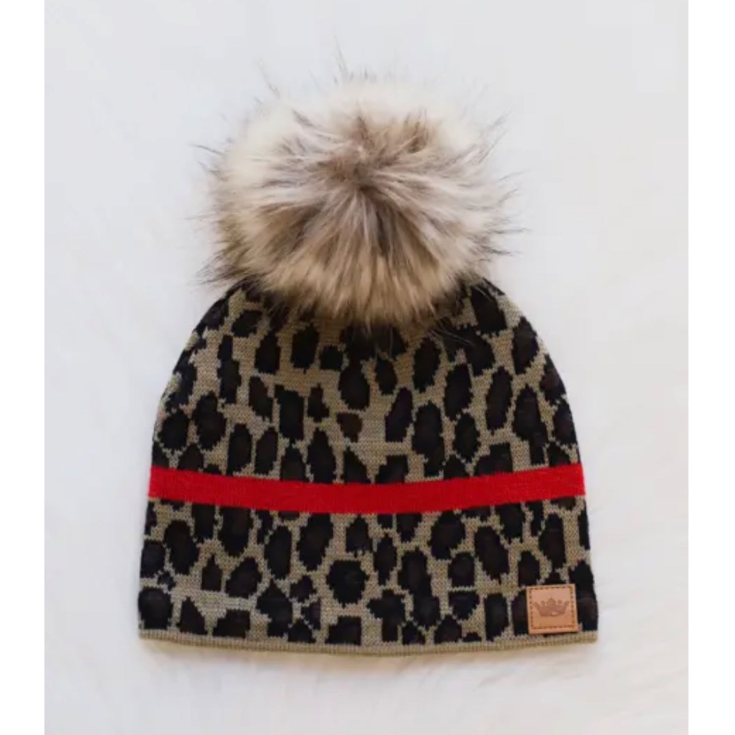 PANACHE Vegan Fur Puff Knit Hat Leopard Print Red Stripe Accent - East Coast Bella LLC