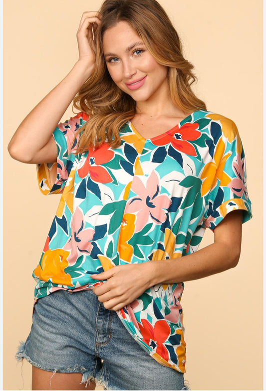 HAPTICS Teal & Coral Floral V Neck Top Super Soft Blouse Short Sleeve