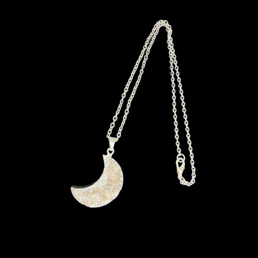 Quartz Druzy Stone Crescent Moon Silver Plated Geode Necklace Crystal