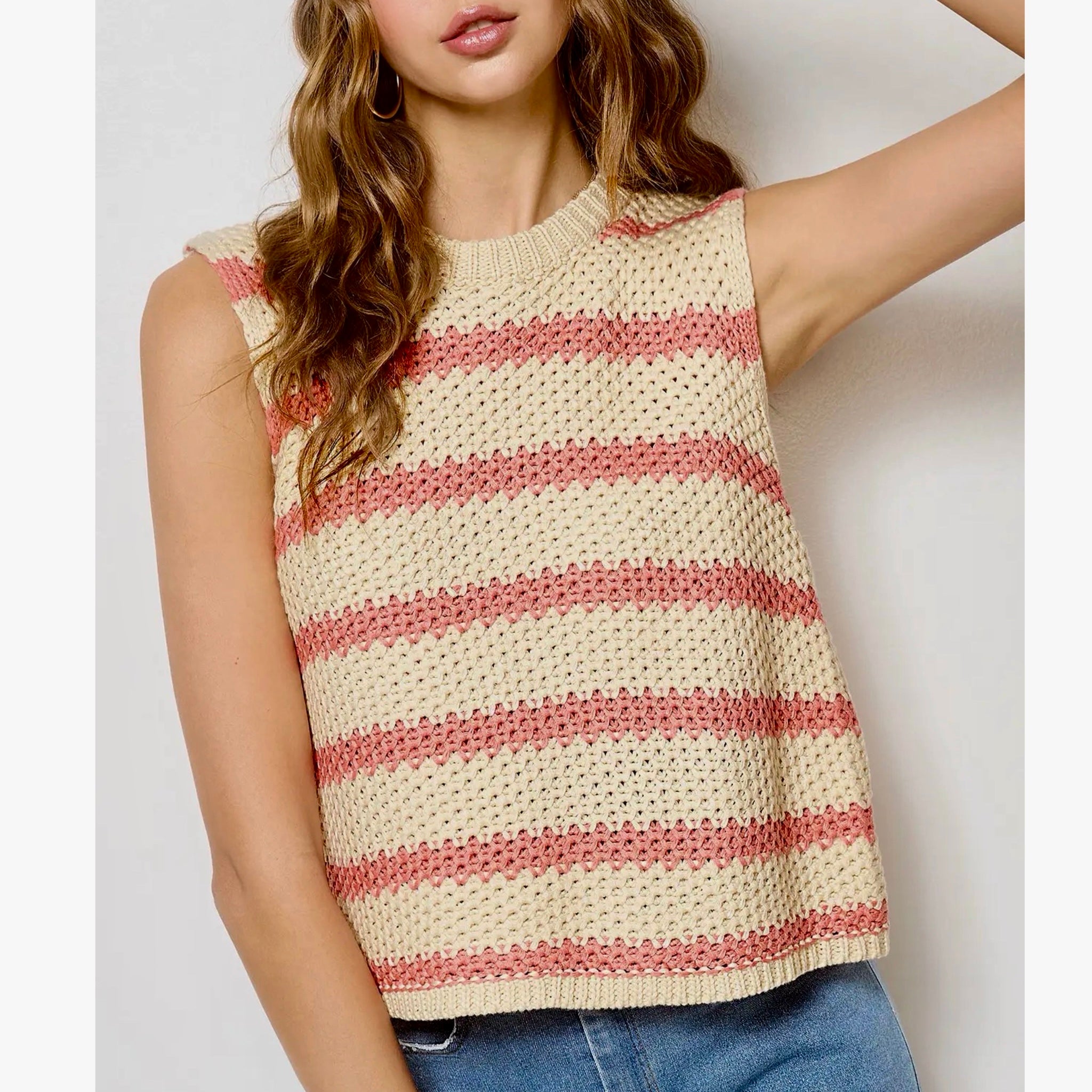 LA MIEL Coastal Open Knit Sweater Vest in Coral Beige Stripe