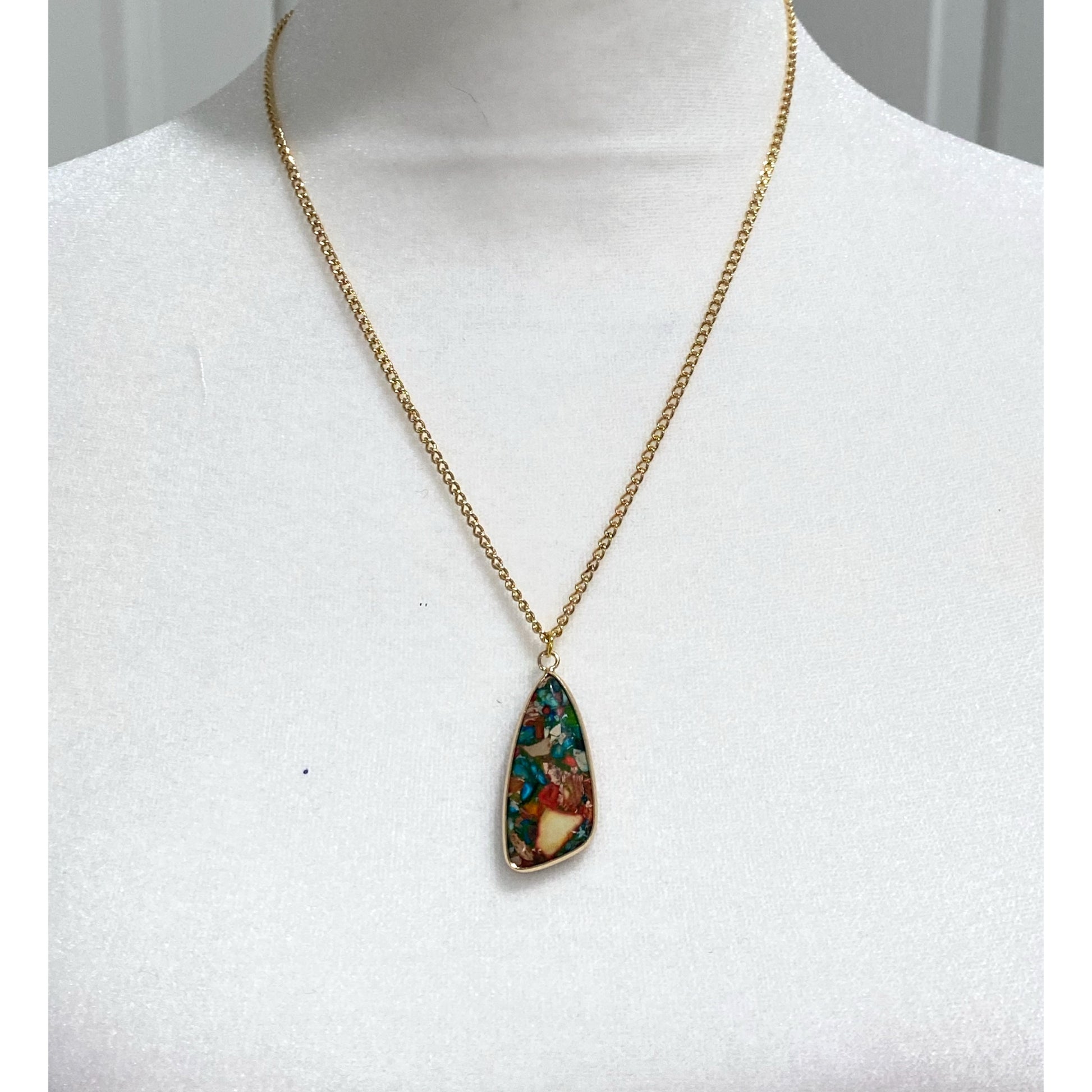 Natural Sea Sediment Jasper Stone Pendant Necklace Gold Plate Chain 18” - East Coast Bella LLC