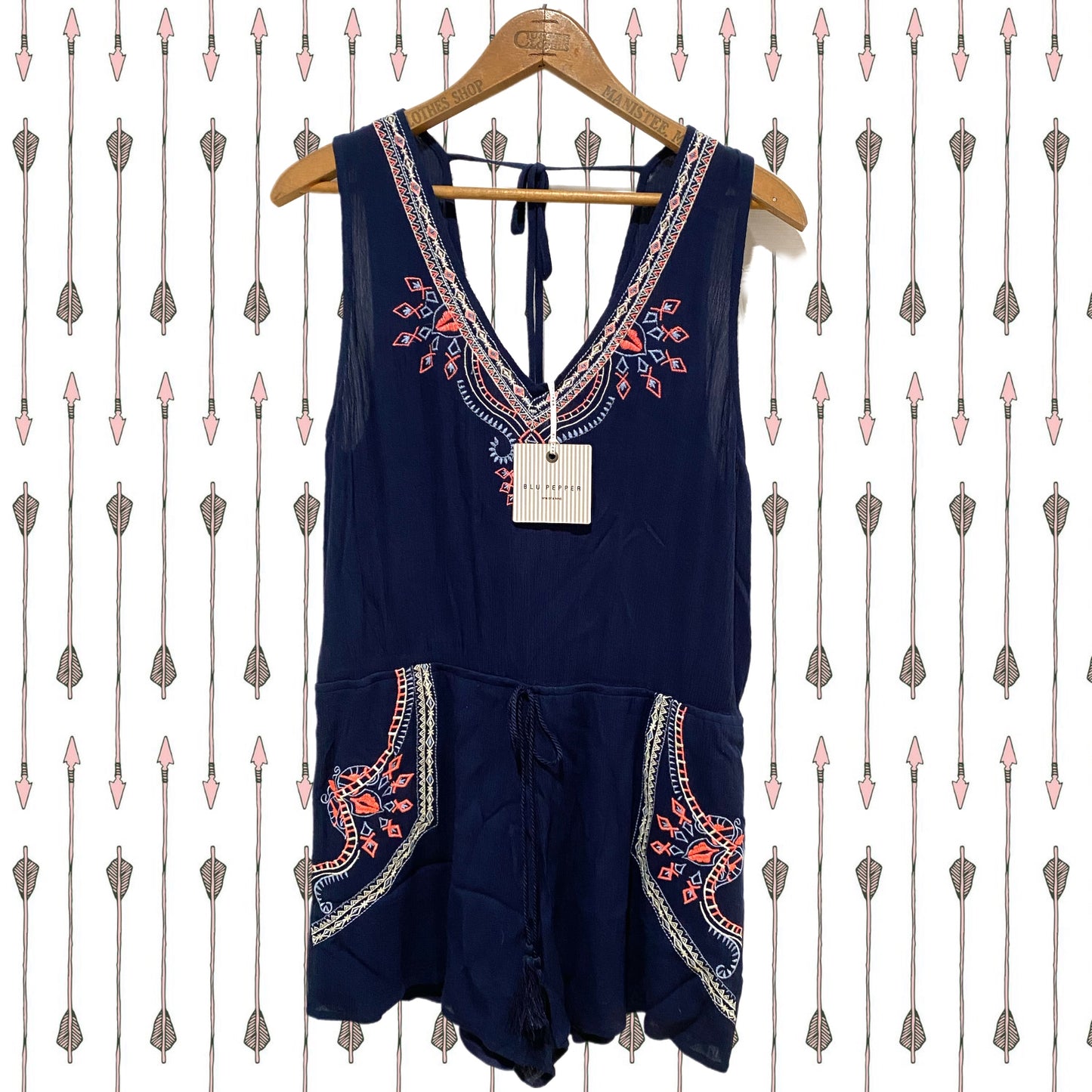 BLU PEPPER Embroidered Summer Tie Romper Sleeveless V Neck Navy