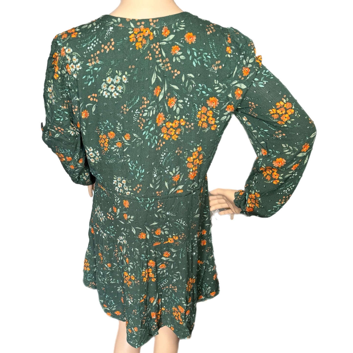 DANIEL RAINN Boho Floral Autumn Dress Green Long Sleeve Split Neck