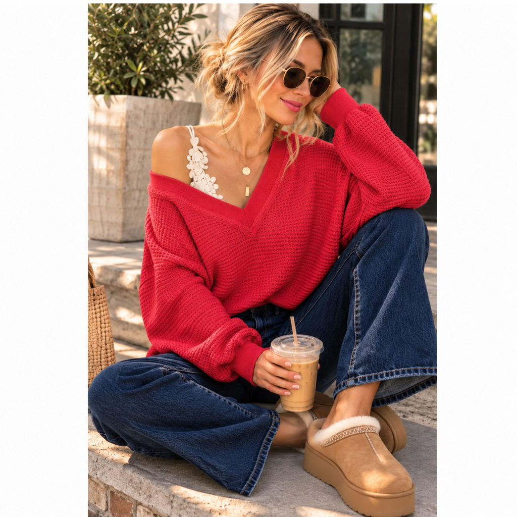 La Miel Waffle Knit V-Neck Sweater Long Sleeve Top in Coral Red