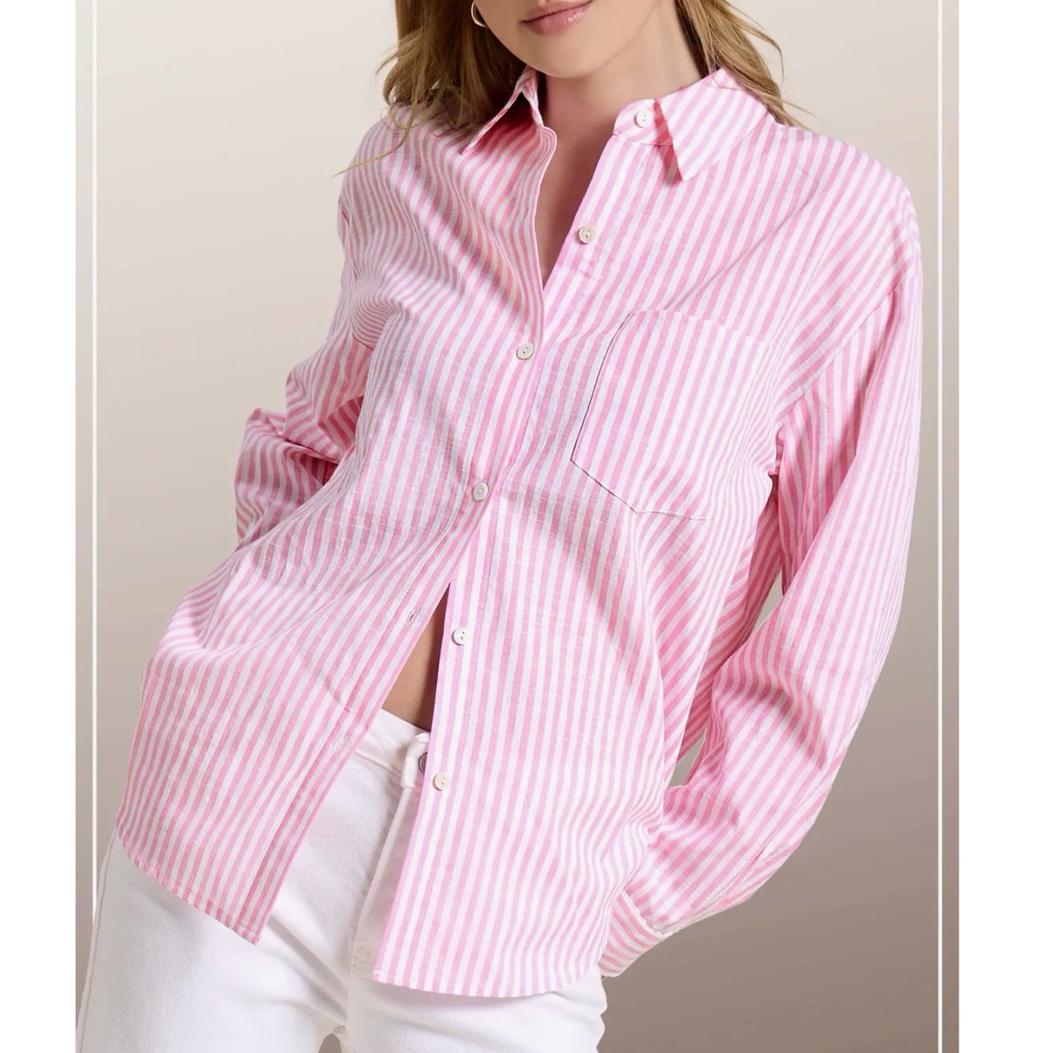 La Miel Preppy Coastal Pink & White Striped Button-Down Blouse