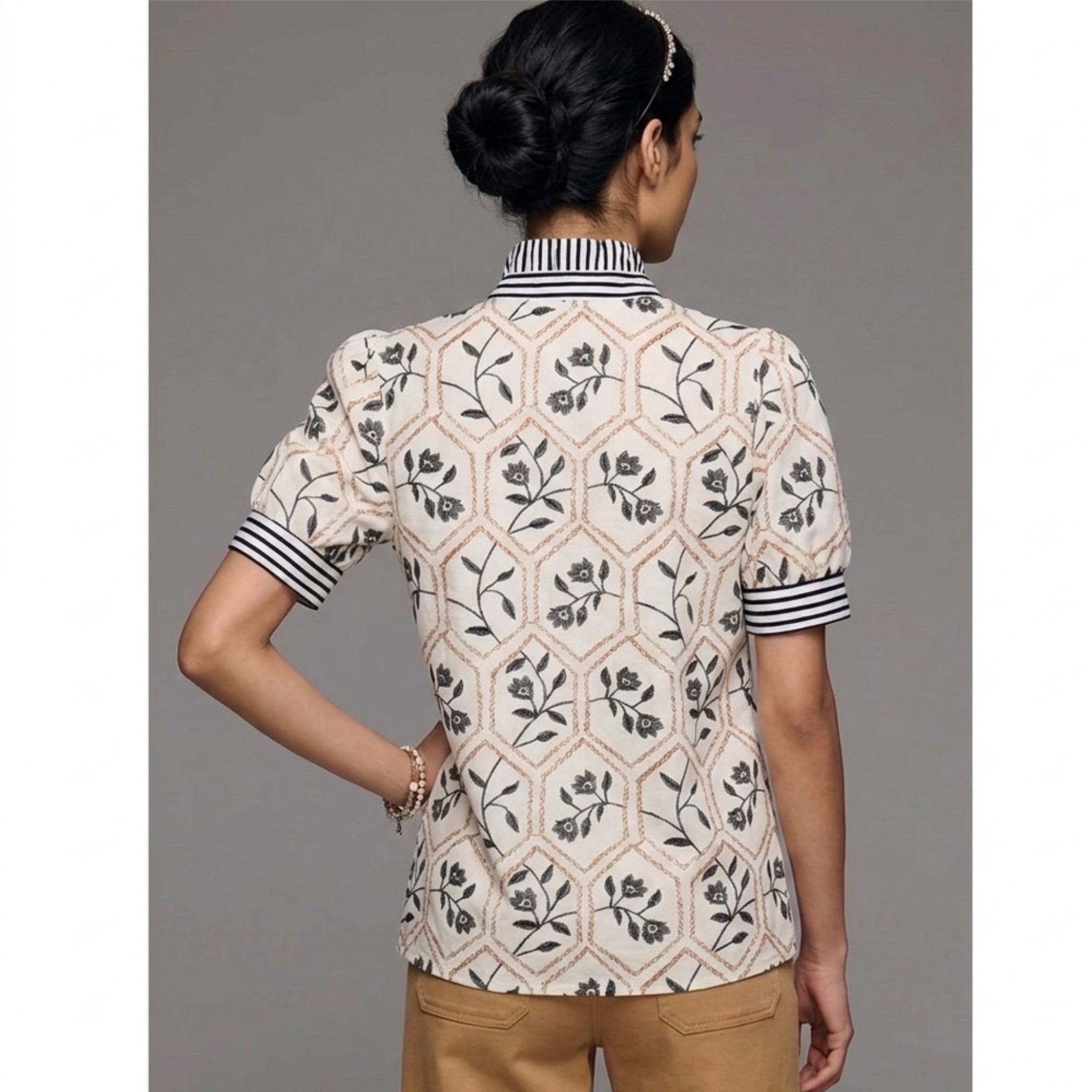 Preppy Aesthetic Floral Stripe Patchwork Ruffle Blouse Puff Sleeve