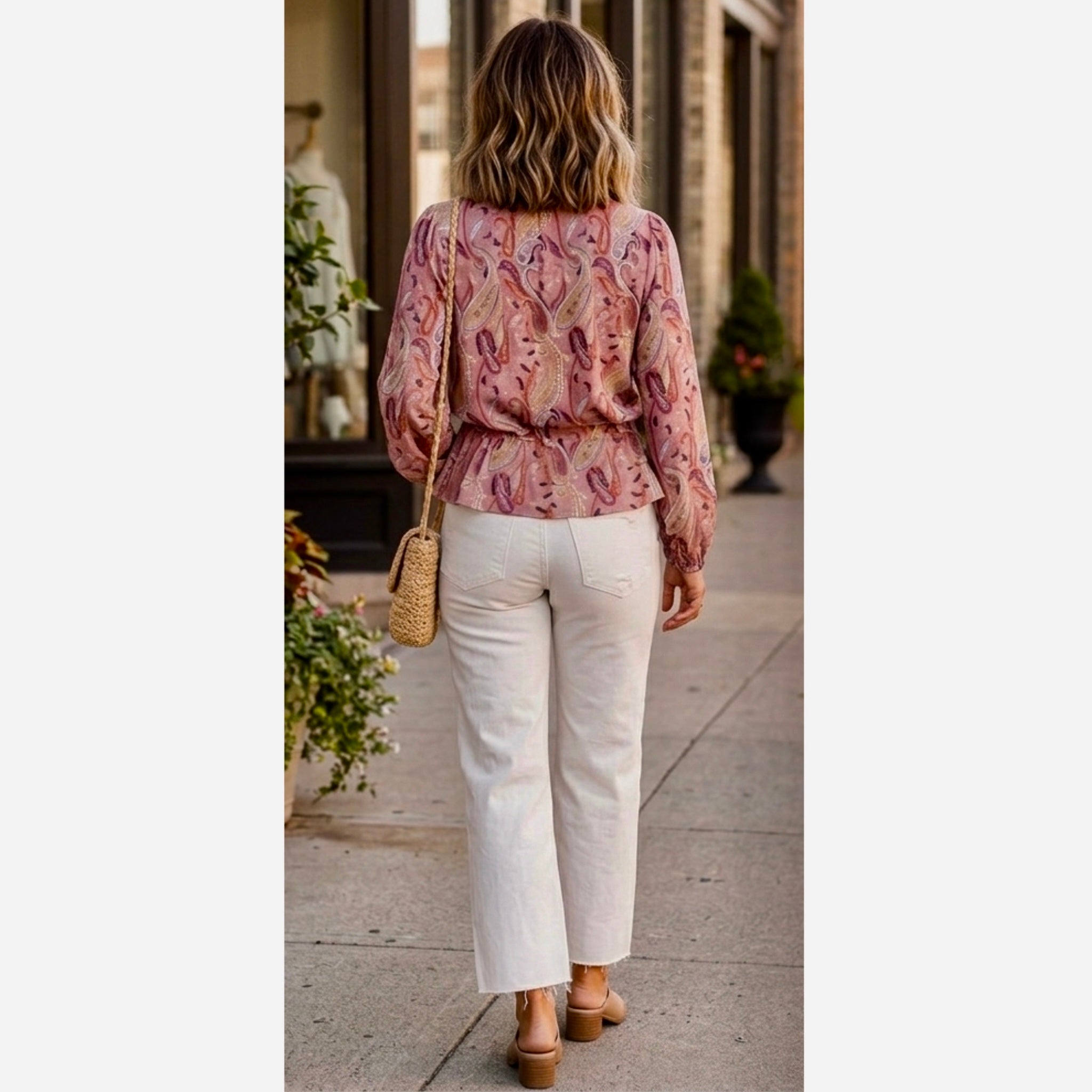 Les Serein Stitch Fix Pink Paisley Boutique Top Ruffle Blouse Split Neck