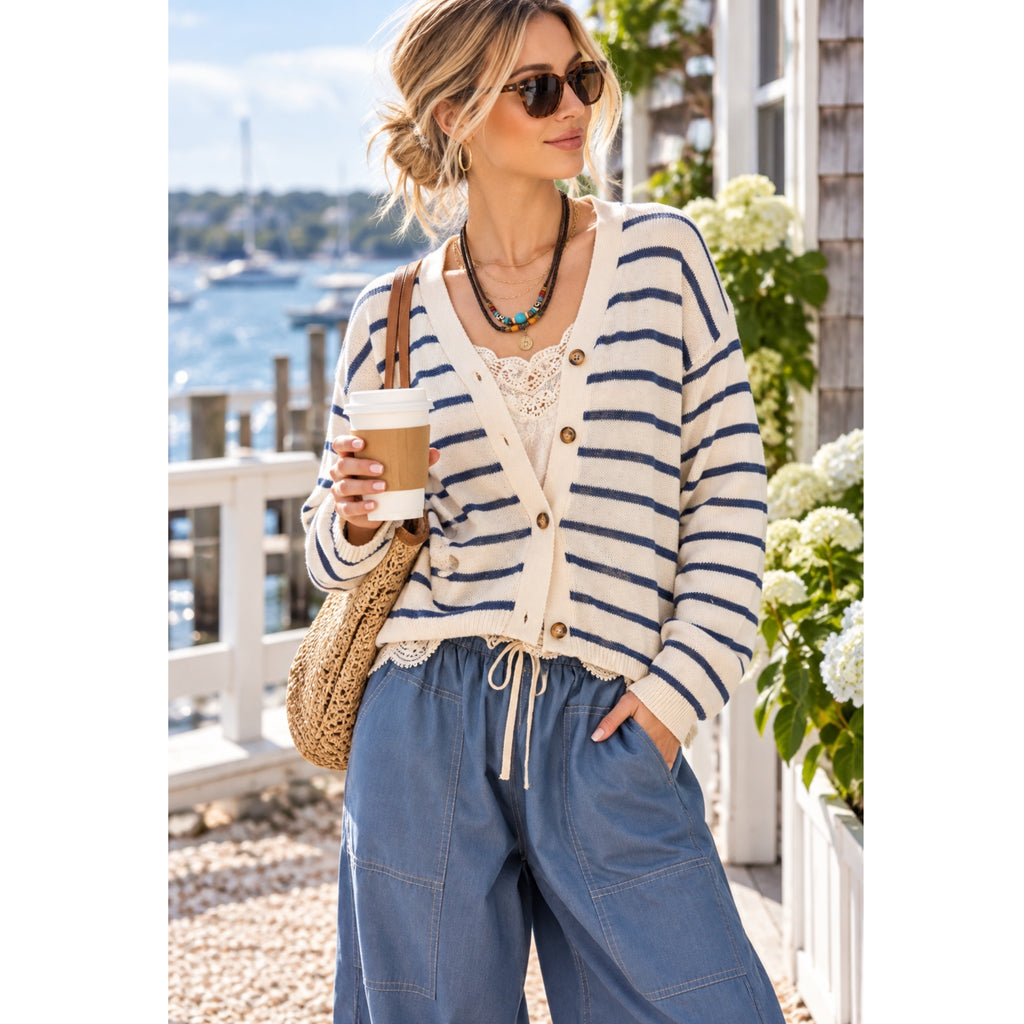 La Miel Coastal Striped V-Neck Cardigan Sweater – Cream & Navy