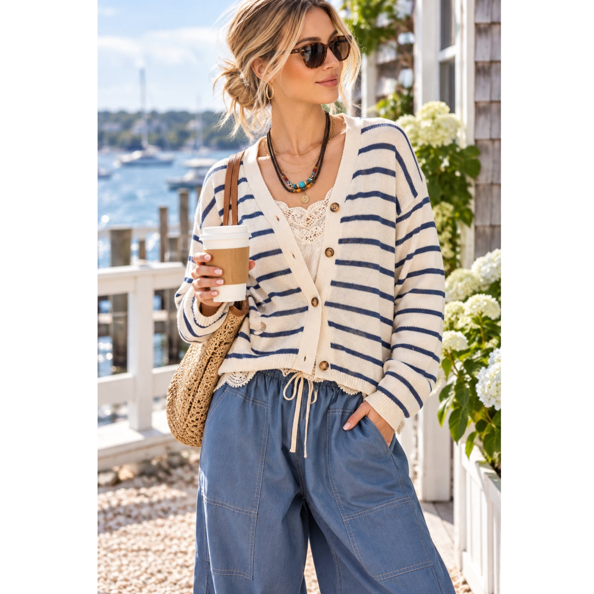 La Miel Coastal Striped V-Neck Cardigan Sweater – Cream & Navy