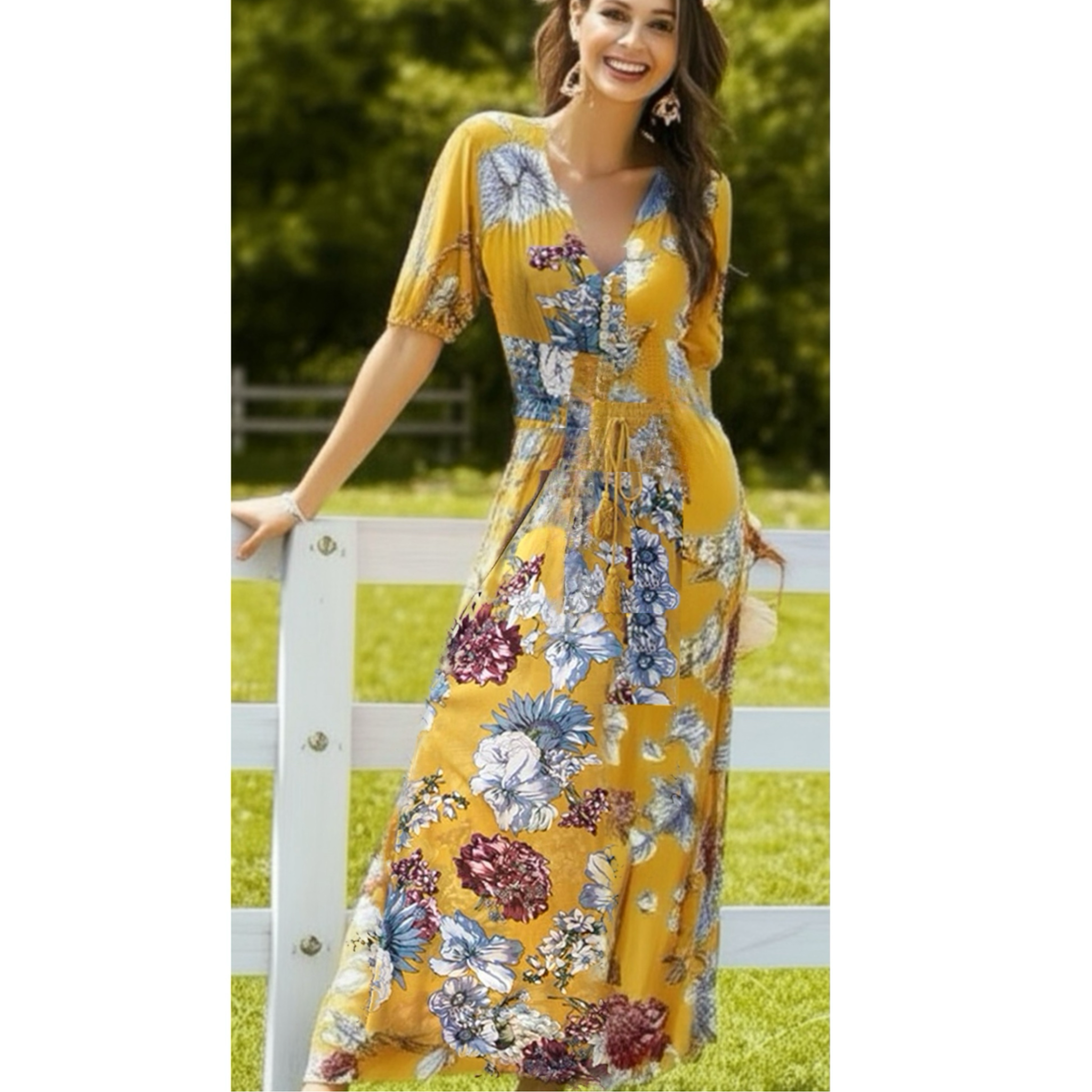 Boho Summer V Neck Floral Short Sleeve Long Maxi Dress in Summer Yellow