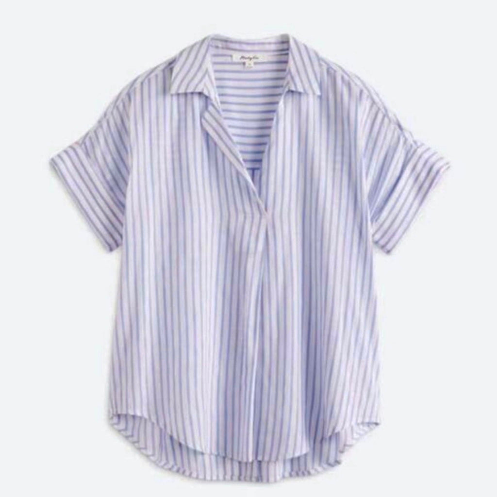 MONDAY FUN Stitch Fix Button Back Blouse Coastal Stripe - White Blue