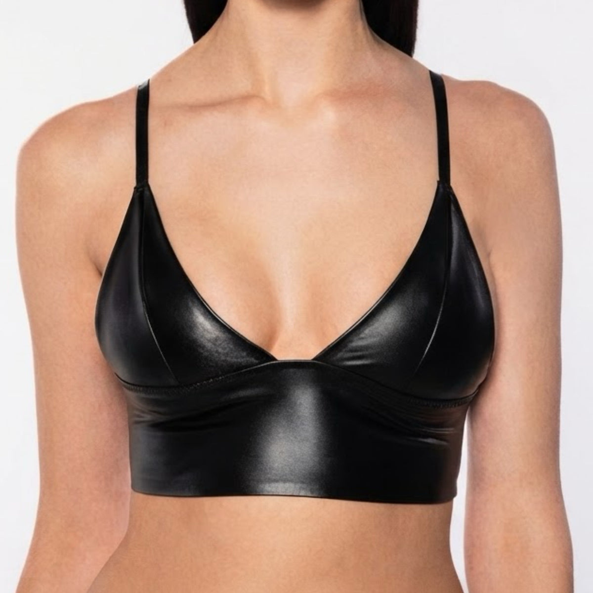 Black Faux Leather Triangle Crop Top Bralette