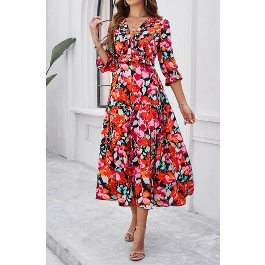 Floral Ruffle Trim A Line Dress Midi Length in Summer Berry Red