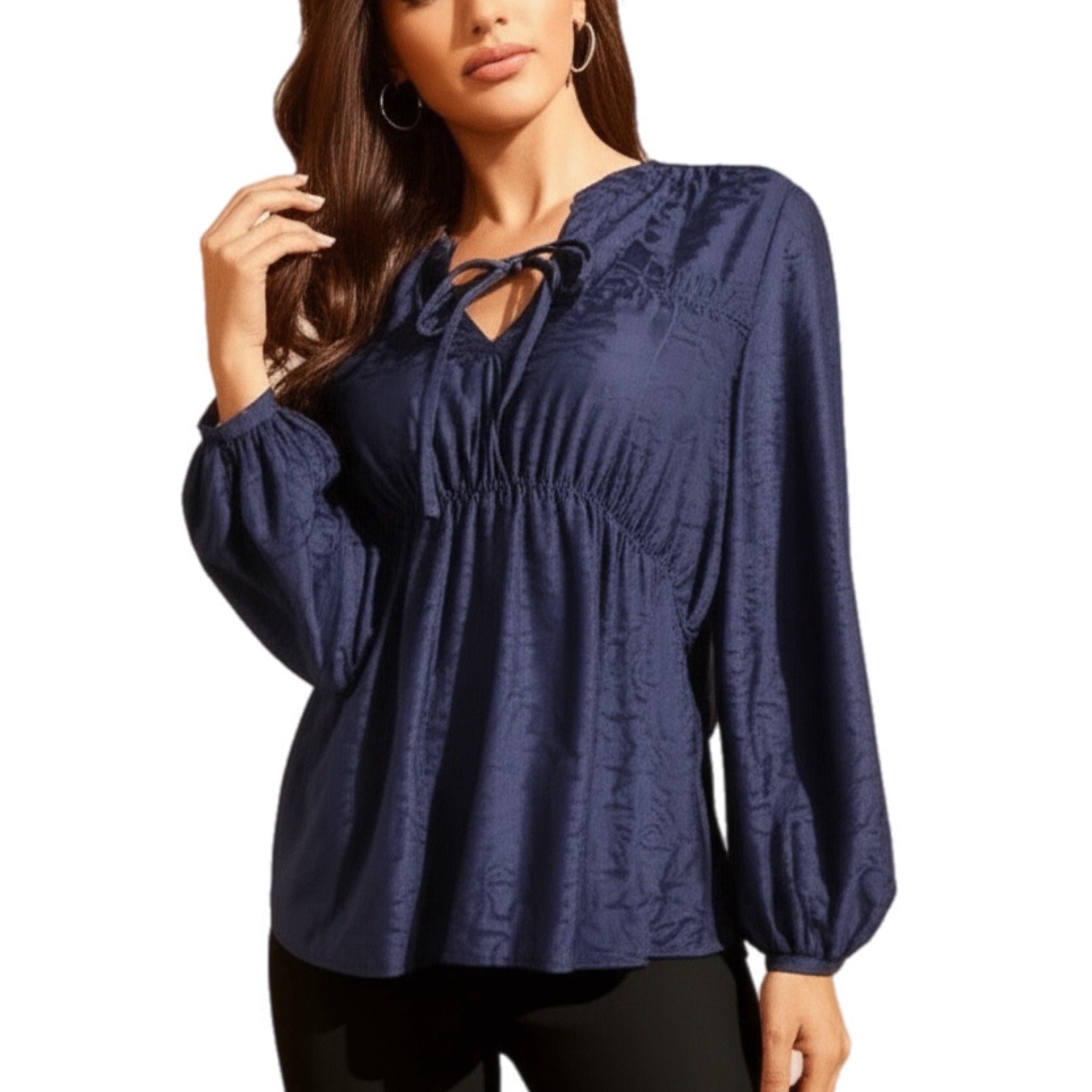 MASON & BELLE Boutique Top Navy Lace Blouse Long Sleeve Cinched Waist
