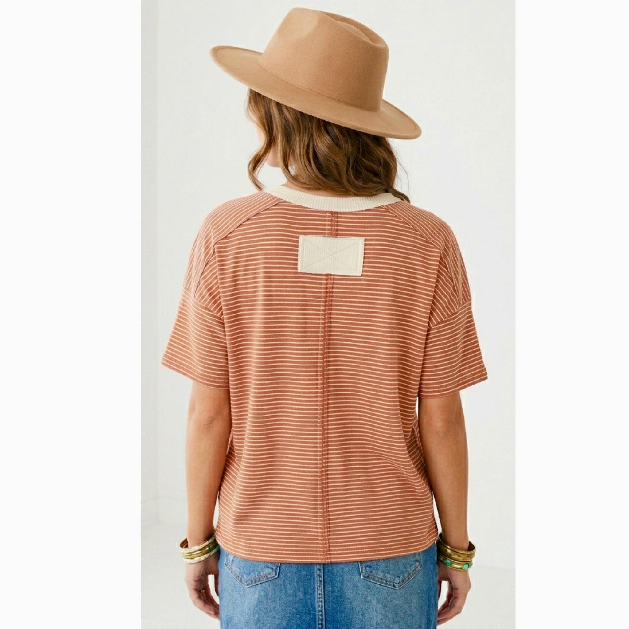 LA MIEL Boho Chic Terracotta Striped Top Drop-Shoulder Tee
